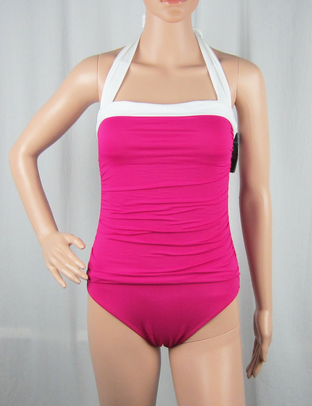 New Ralph Lauren Tummy Control Ruched Halter One Piece Swimsuit Pink