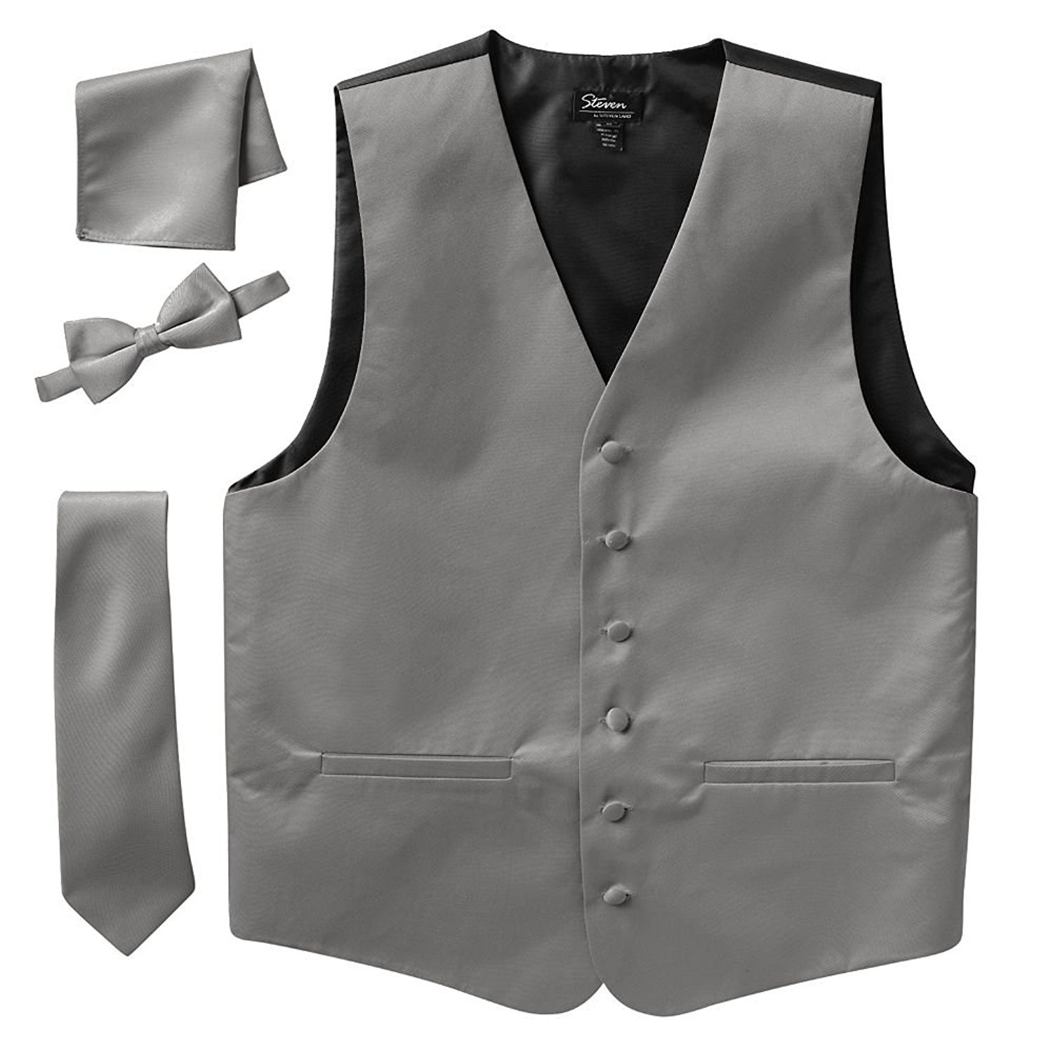 Men's Slim Fit Solid Dress Vest Neck Tie Bowtie Pocket Square Set - CLEARANCE - Picture 12 of 13