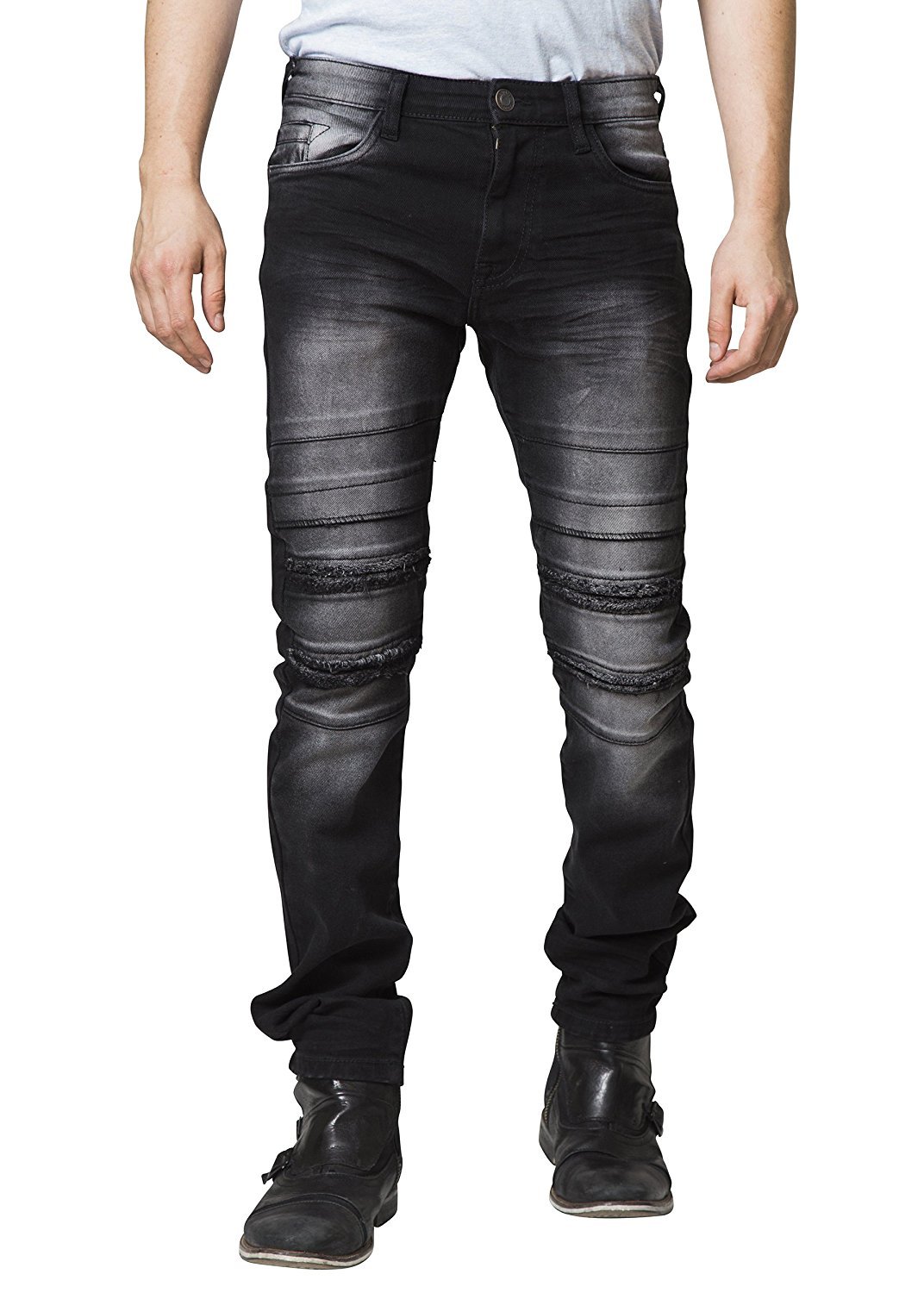 Mad Blue Men's Biker Slim Fit Tapered Leg Distressed Moto Style Jeans