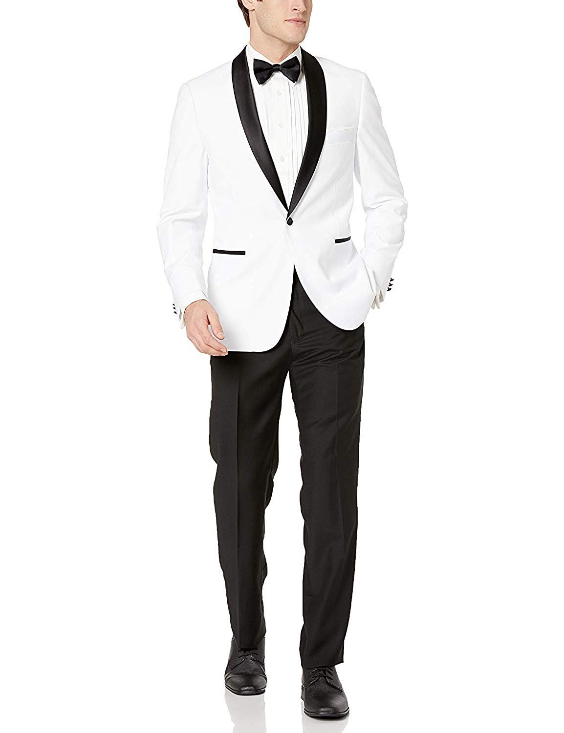 Preowned Adam Baker Men's Slim Fit One Button Satin Shawl Collar Tuxedo Suit Set Great Deal
