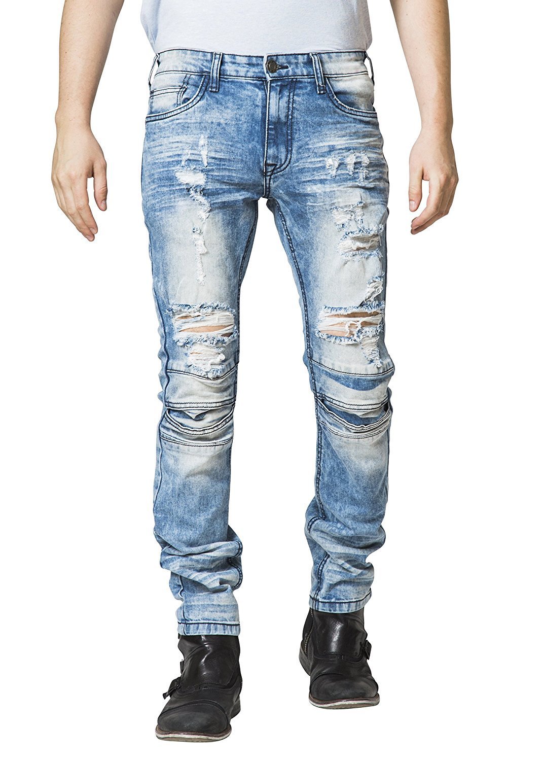 Mad Blue Men's Biker Slim Fit Tapered Leg Distressed Moto Style Jeans