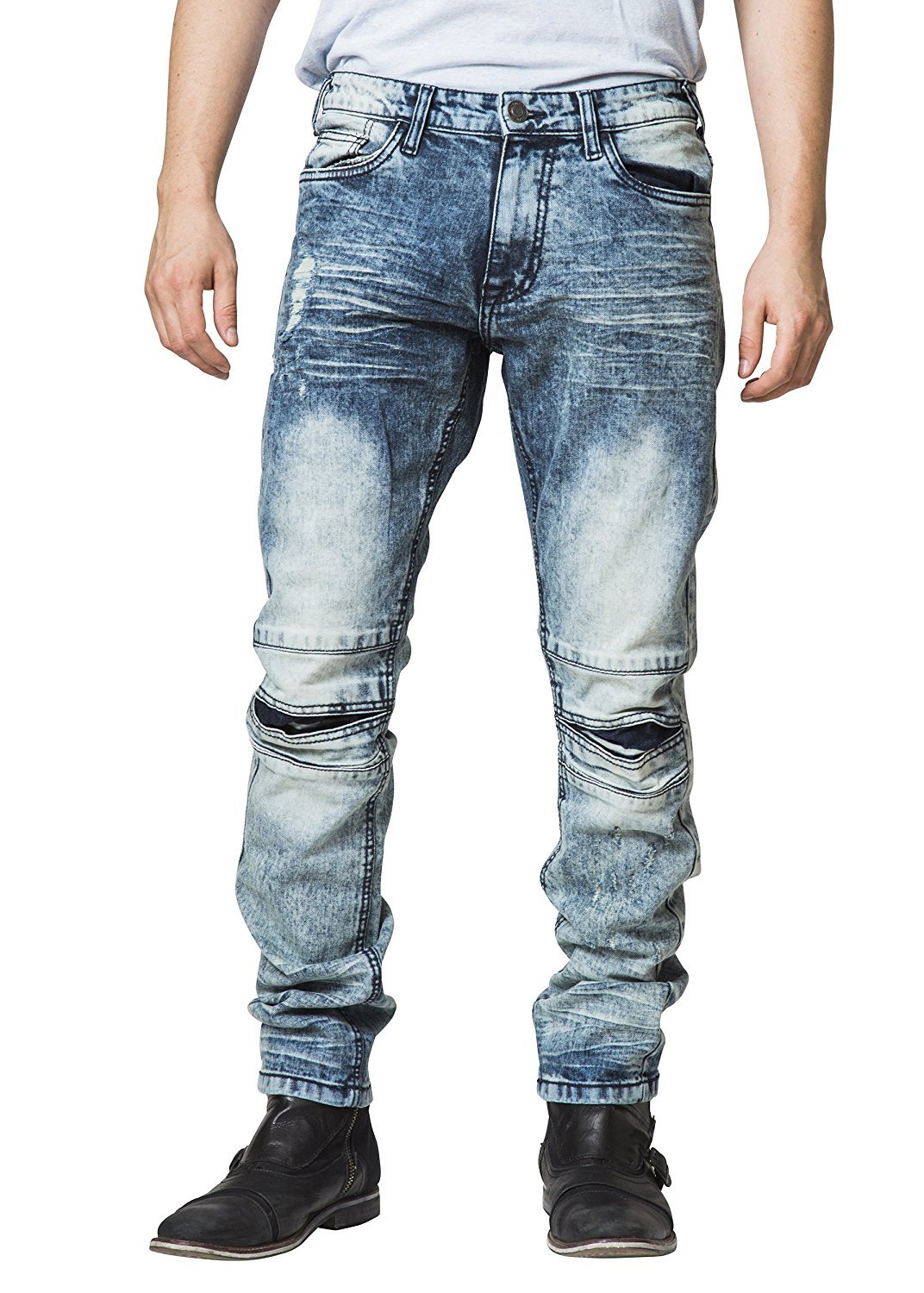 Mad Blue Men's Biker Slim Fit Tapered Leg Distressed Moto Style Jeans