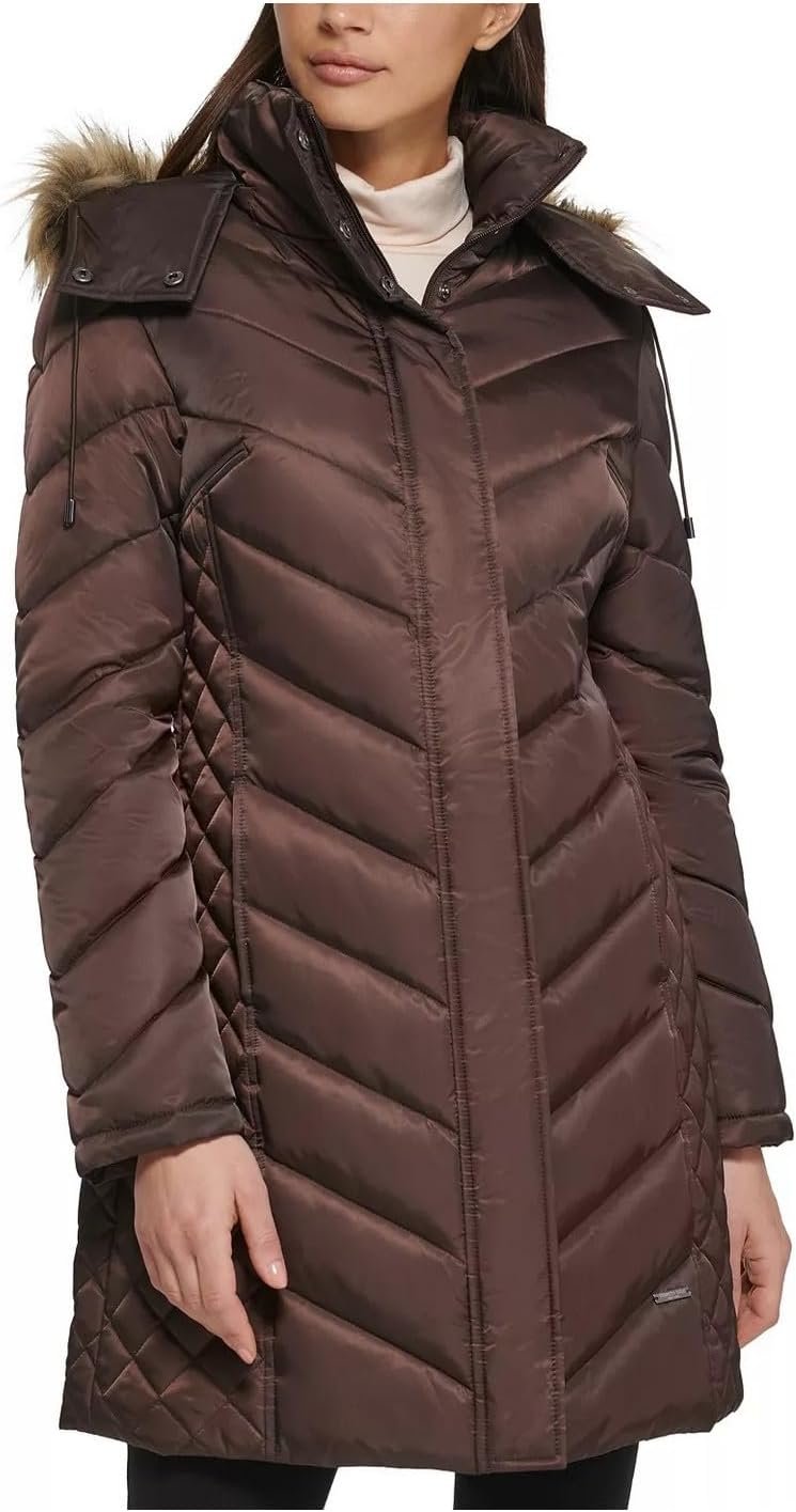 Kenneth Cole Women's Mid-Length Chevron Puffer Jacket Hooded Coat, CLEARANCE - Picture 27 of 28