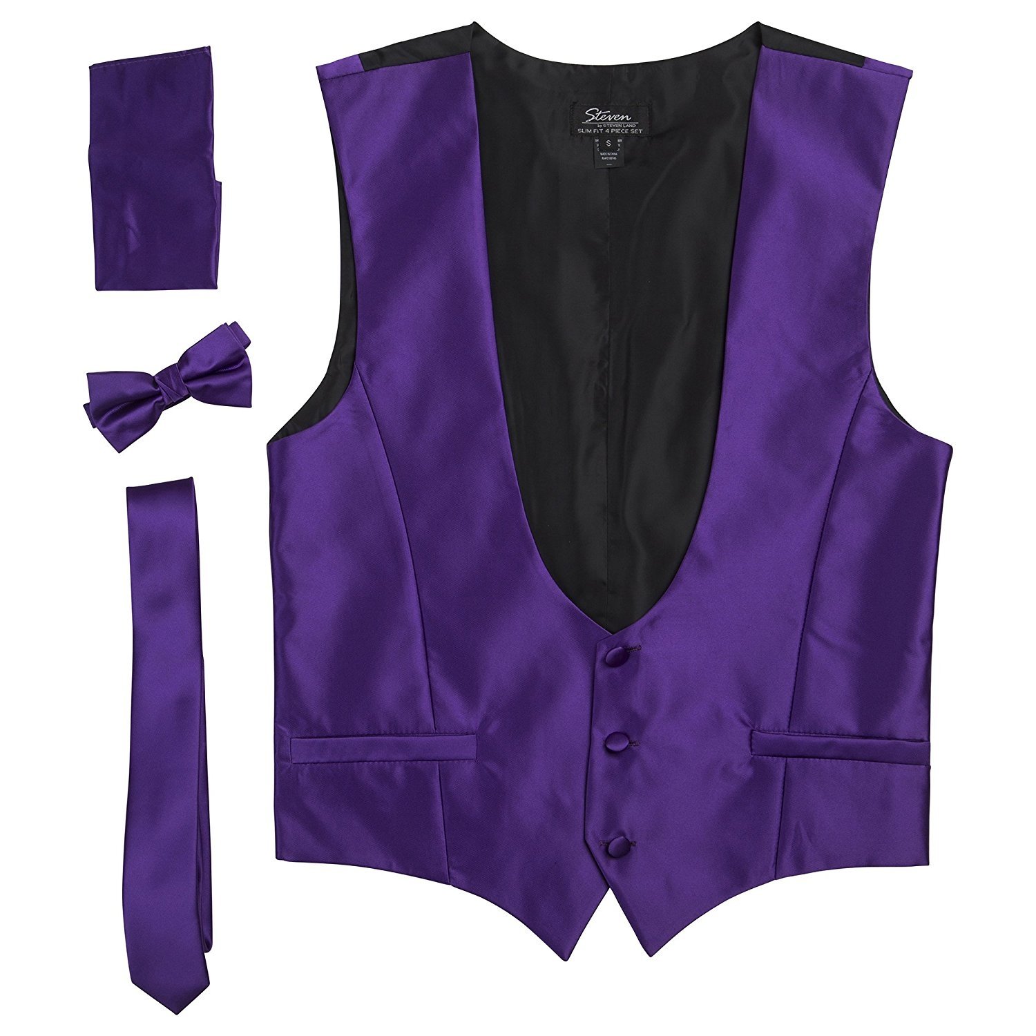 Men's Slim Fit Solid Dress Vest Neck Tie Bowtie Pocket Square Set - CLEARANCE - Picture 9 of 13