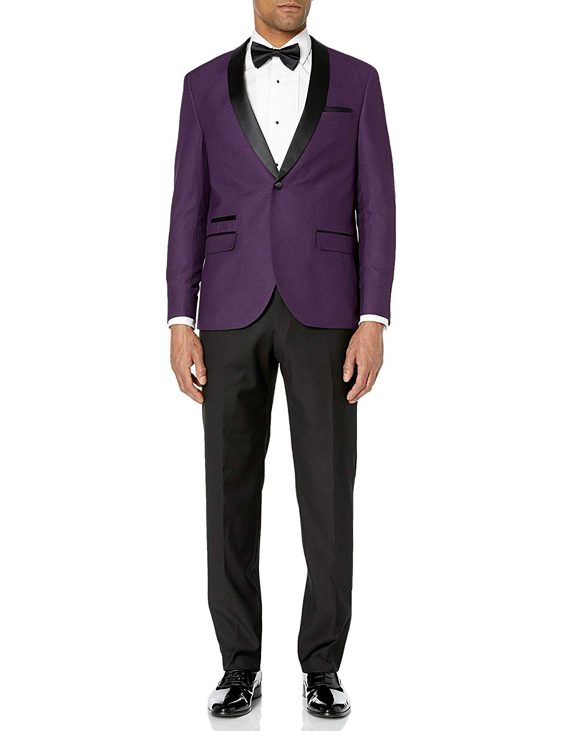 Available in Colors Adam Baker Mens Slim Fit One Button Satin Shawl Collar 2-Piece Tuxedo Suit 