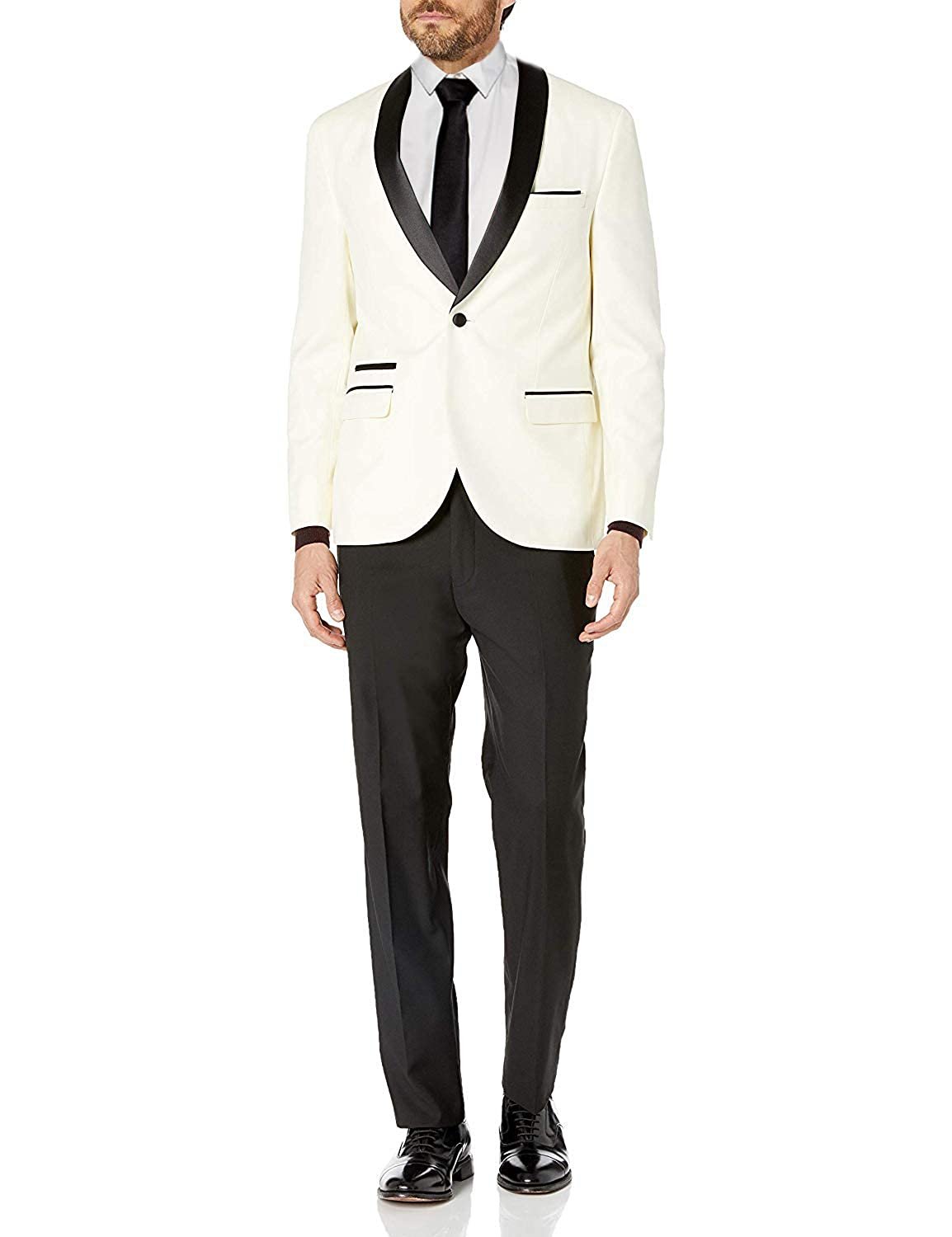 Available in Colors Adam Baker Mens Slim Fit One Button Satin Shawl Collar 2-Piece Tuxedo Suit