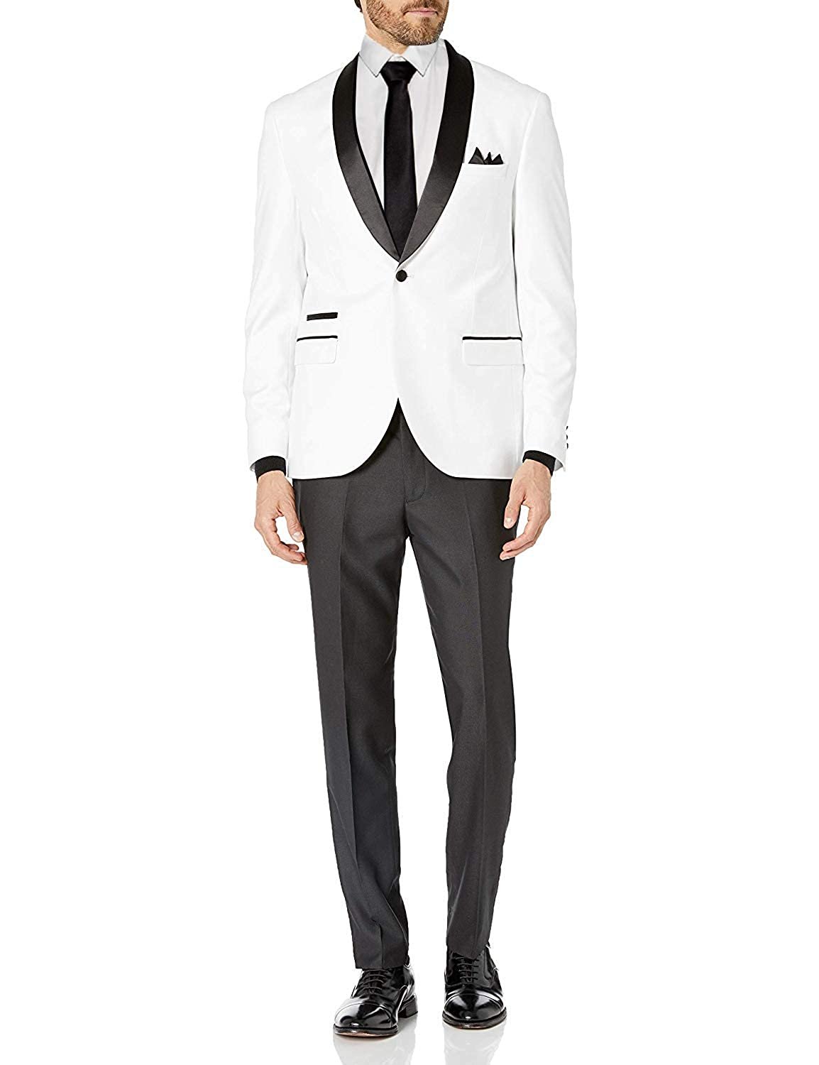 Adam Baker Men's Slim Fit One Button Satin Shawl Collar 2-Piece Tuxedo Suit