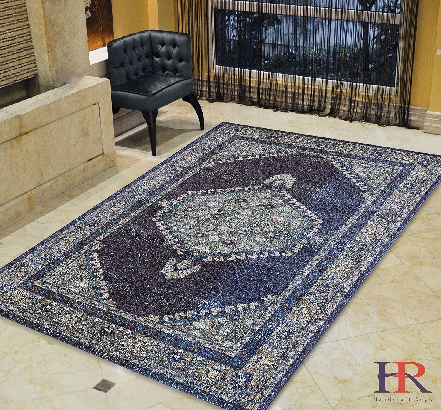Traditional Vintage Style Persian Rug Design Oriental Faded Navy Blue Carpet 