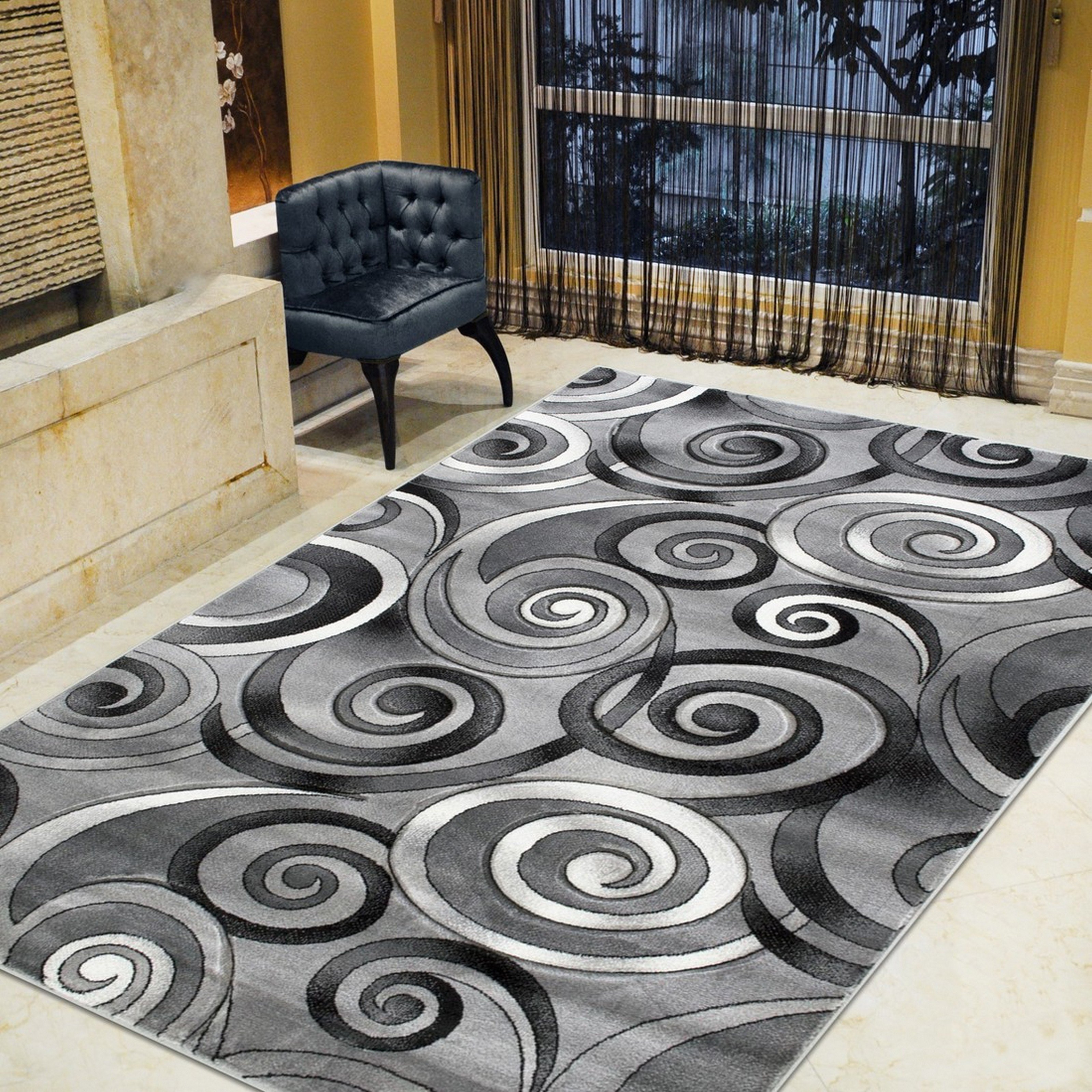 Spiral/Swirls Modern Contemporary Hand Carved Area Rug-Silver/Gray/Black - Picture 16 of 28