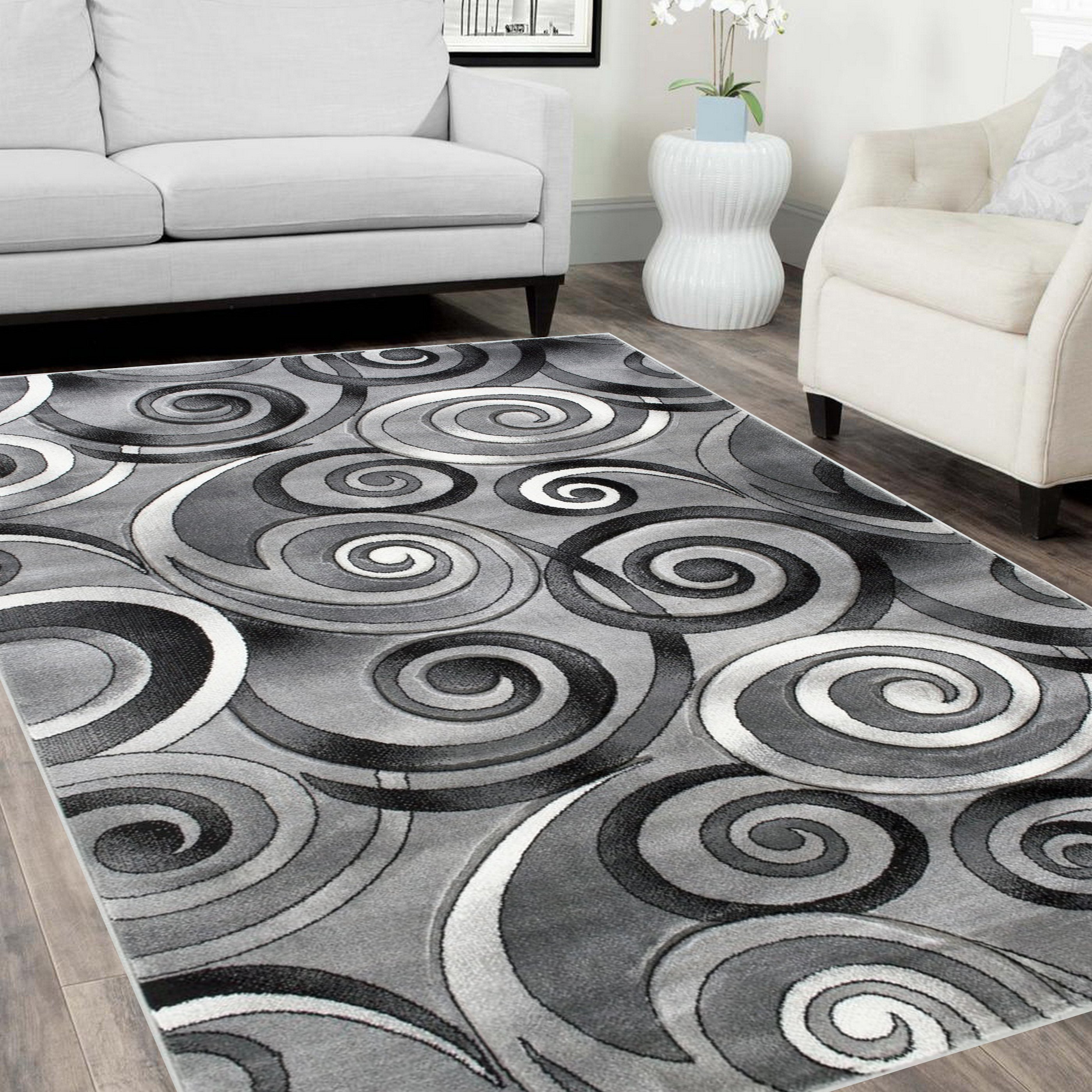 Spiral/Swirls Modern Contemporary Hand Carved Area Rug-Silver/Gray/Black - Picture 9 of 28