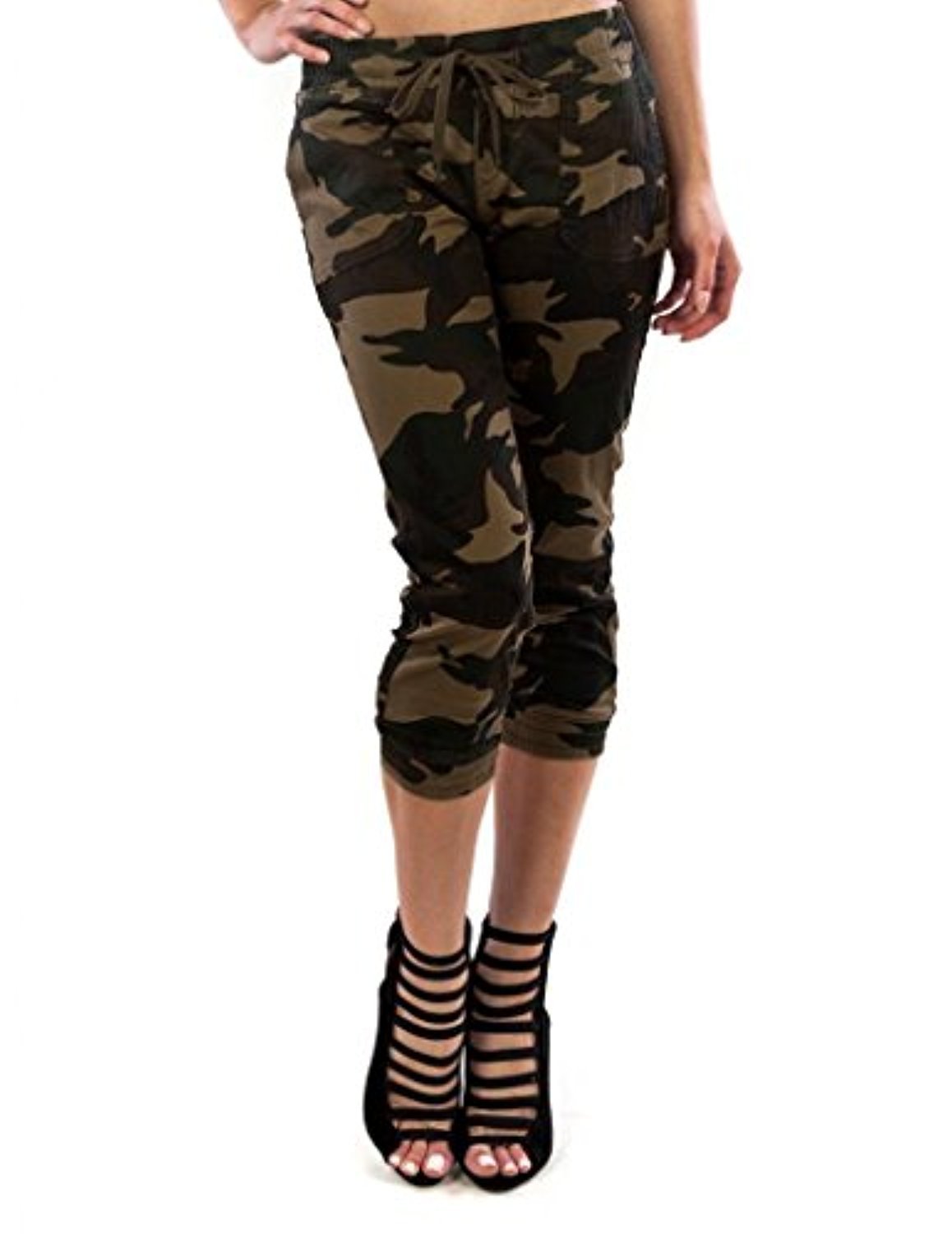 New Camouflage Camo Army Green Print Cropped Womens Capri Joggers Pant