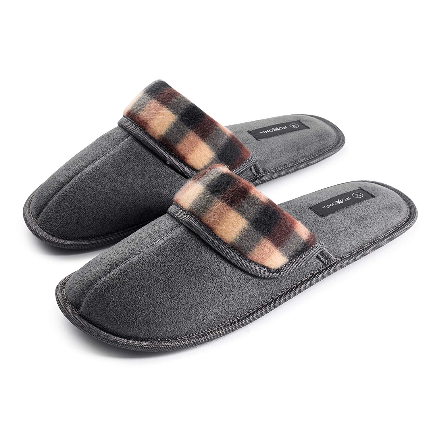 Roxoni Mens Faux Suede Scuff Slipper with Plaid Trim; Classic Style and Ultra Soft Comfort Fabric 