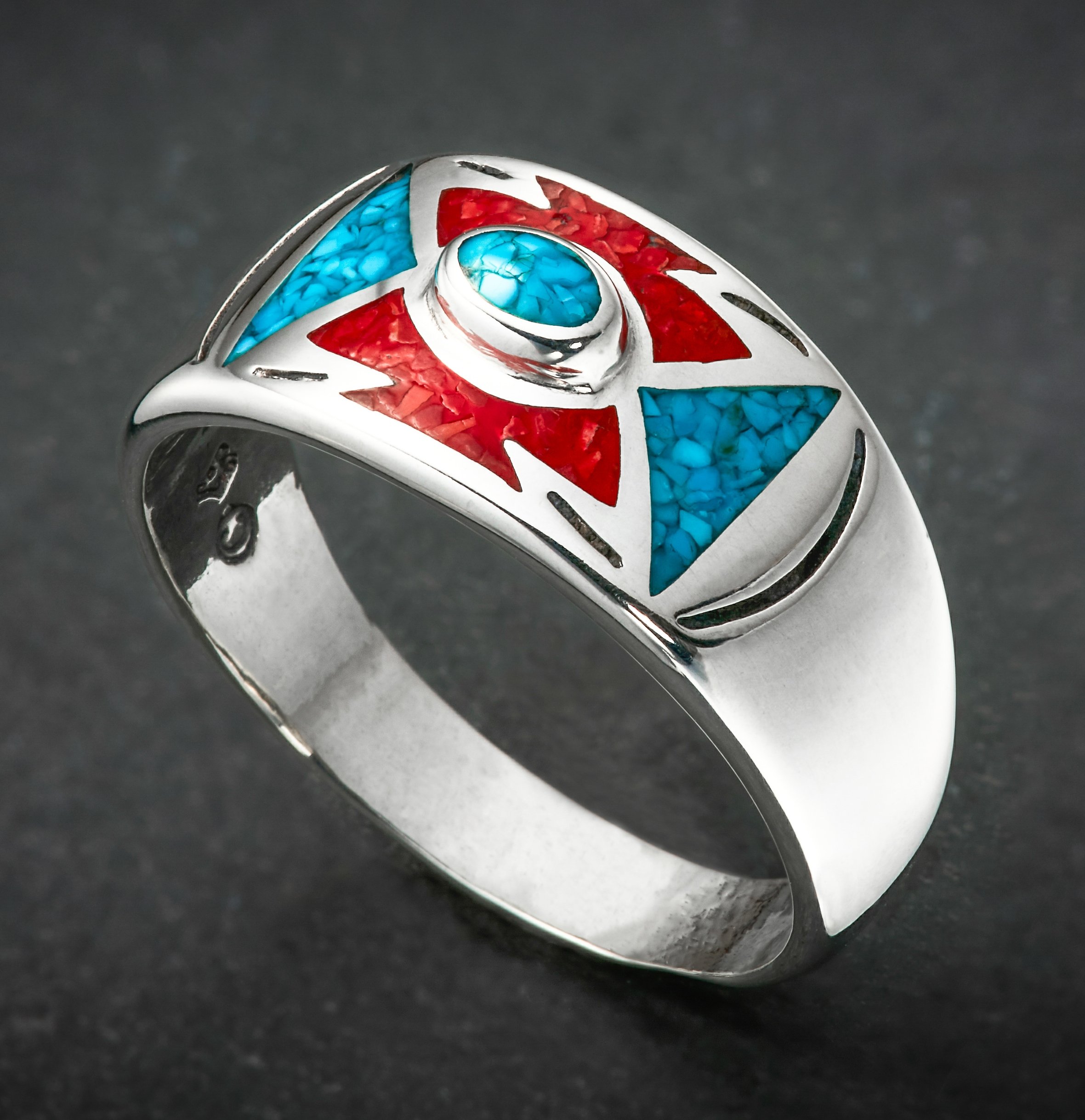 Southwestern Ring Turquoise Ring with Red Coral 925 Sterling Silver ring 