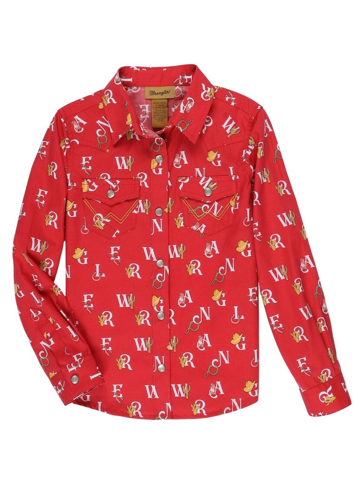 Wrangler Girls' Long Sleeve Western Snap Shirt Logo Collar Pockets Red New NWT - Picture 2 of 2