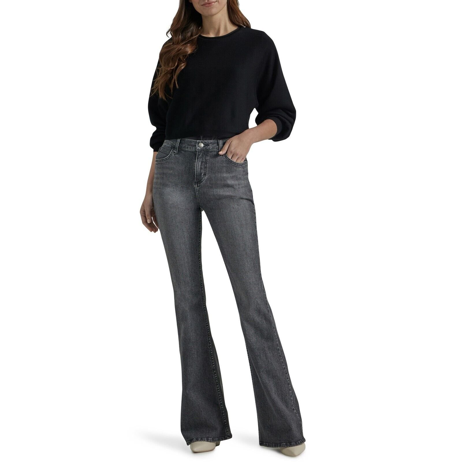 Lee Womens Legendary Mid Rise Flare Jean Denim Bottoms Comfort Blurred Darks New