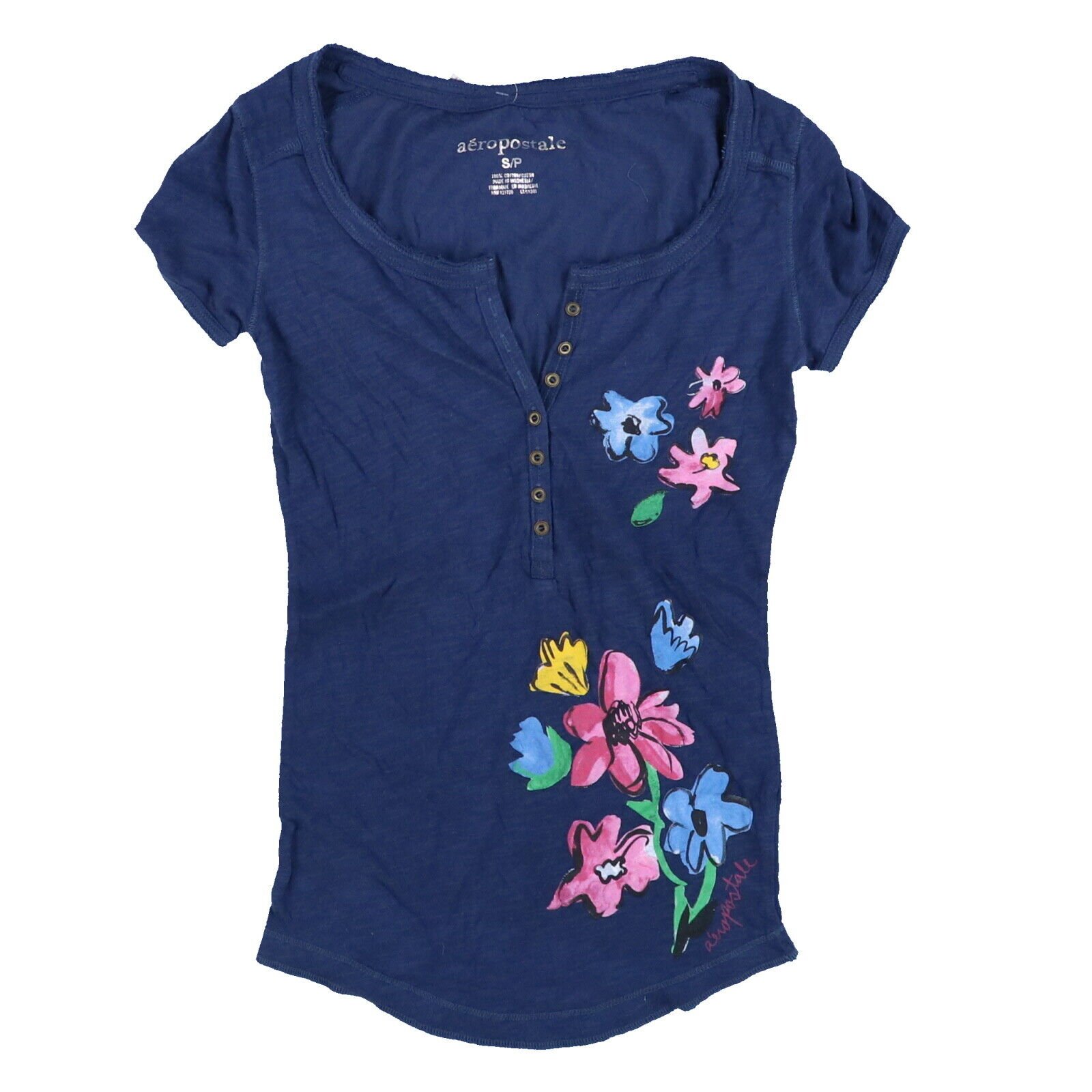 Aeropostale Damen T-Shirt kurzärmlig Knopfleiste Baumwolle Blumenmuster marineblau Oberteil Neu - Bild 2 von 2