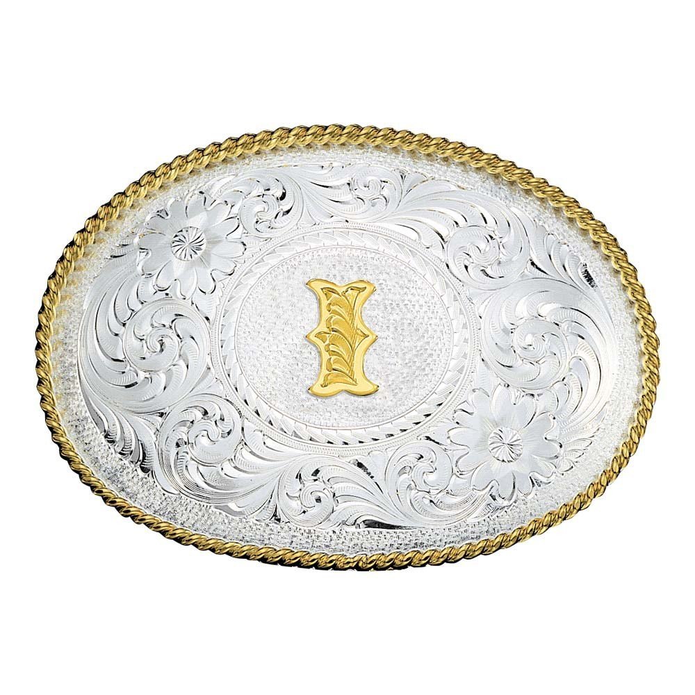 Montana Silversmiths Initial Silver Engraved Gold Trim Western Belt Buckle