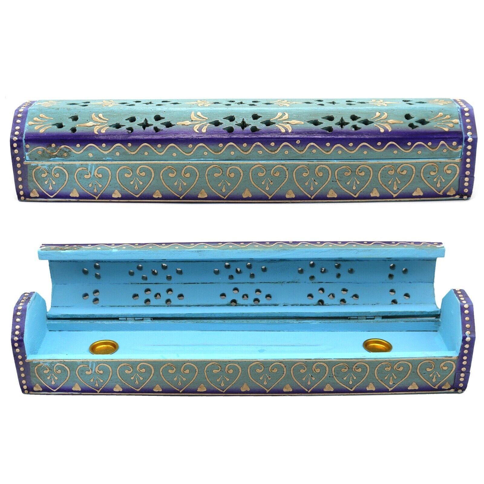 Hand Painted 12 inch Incense Stick and Cone Burner Wood Coffin Box with Storage - Picture 12 of 15