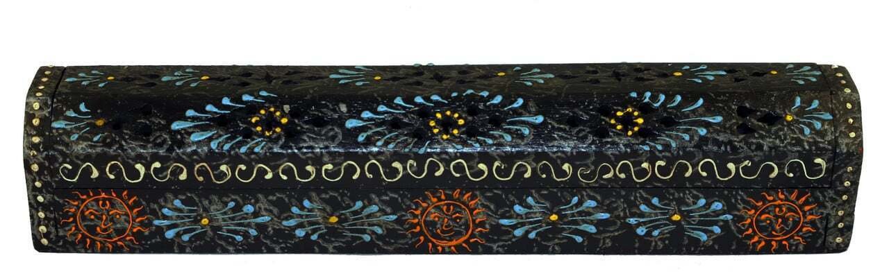 Hand Painted 12 inch Incense Stick and Cone Burner Wood Coffin Box with Storage - Picture 8 of 15