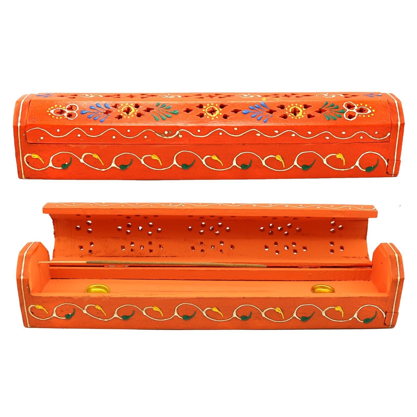 Hand Painted 12 inch Incense Stick and Cone Burner Wood Coffin Box with Storage - Picture 13 of 15