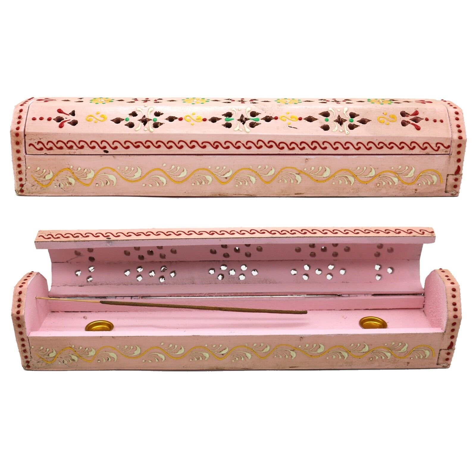 Hand Painted 12 inch Incense Stick and Cone Burner Wood Coffin Box with Storage - Picture 10 of 15