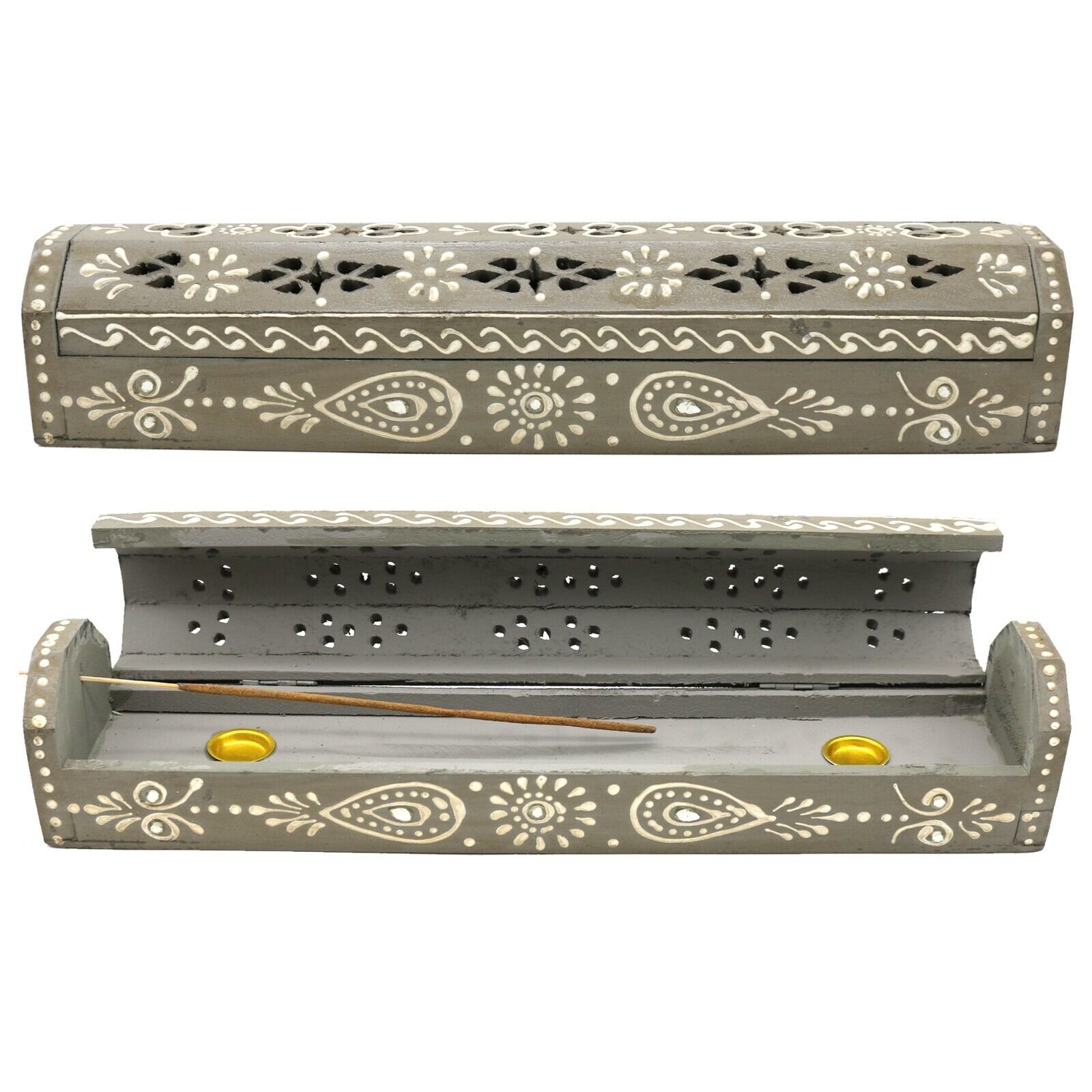 Hand Painted 12 inch Incense Stick and Cone Burner Wood Coffin Box with Storage - Picture 15 of 15