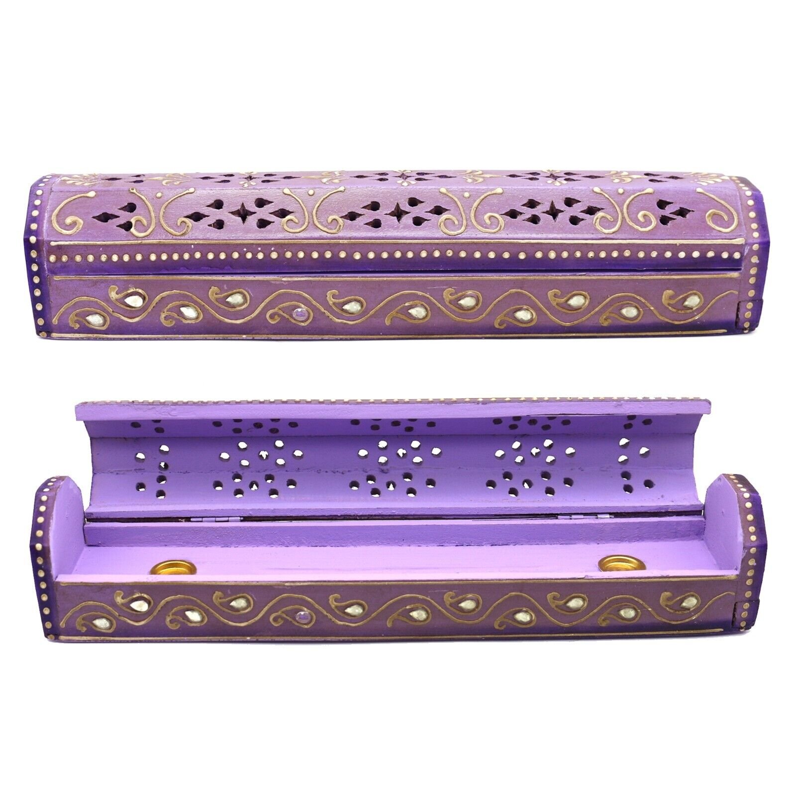 Hand Painted 12 inch Incense Stick and Cone Burner Wood Coffin Box with Storage - Picture 11 of 15
