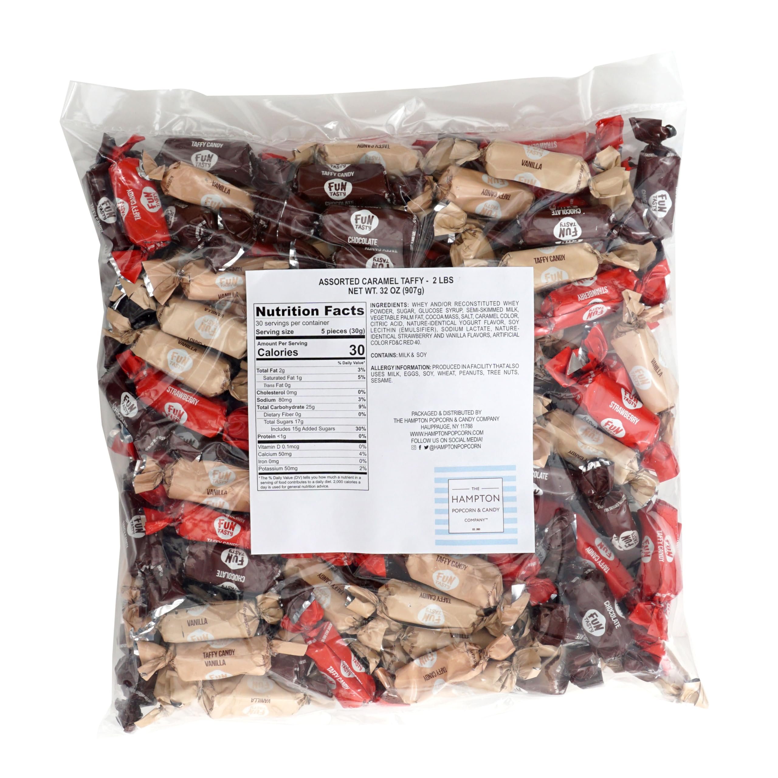 Caramel Assorted Taffy Bulk Bag, Individually Wrapped Neapolitan Candy