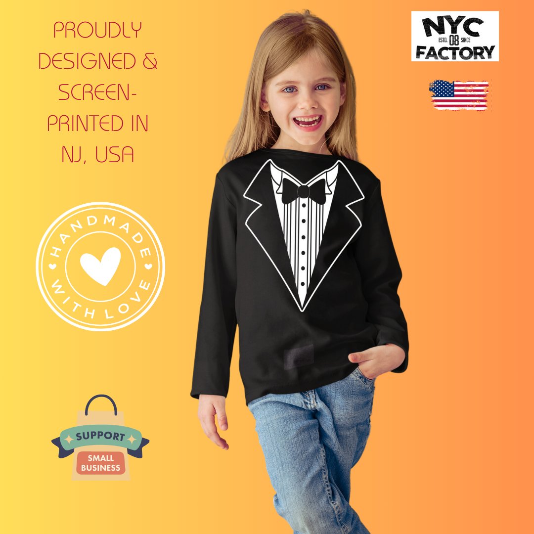 Kids Funny Tuxedo Long Sleeve T-Shirt Youth Black Bowtie & Rose