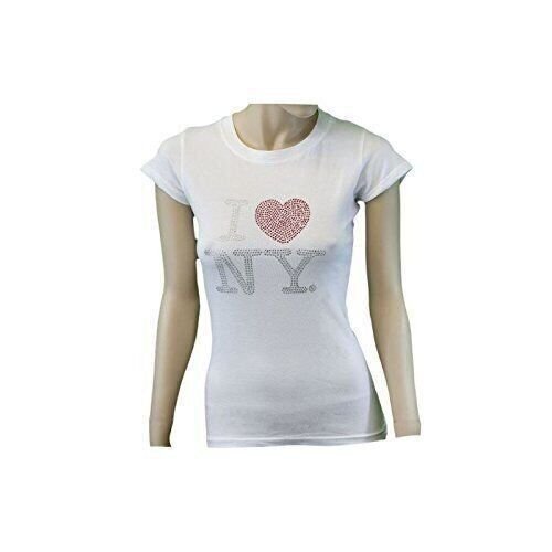 I Love NY New York Womens T-Shirt Rhinestone Tee Heart White (Womens Small)