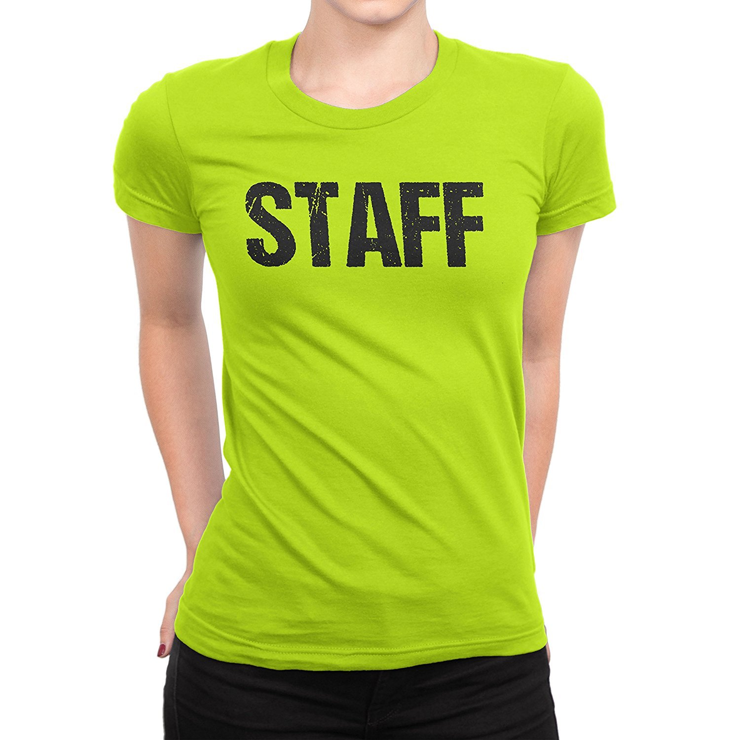 NYC Factory Ladies Neon Yellow Safety Green Staff T-Shirt Front & Back Print Event Shirt Womens Tee