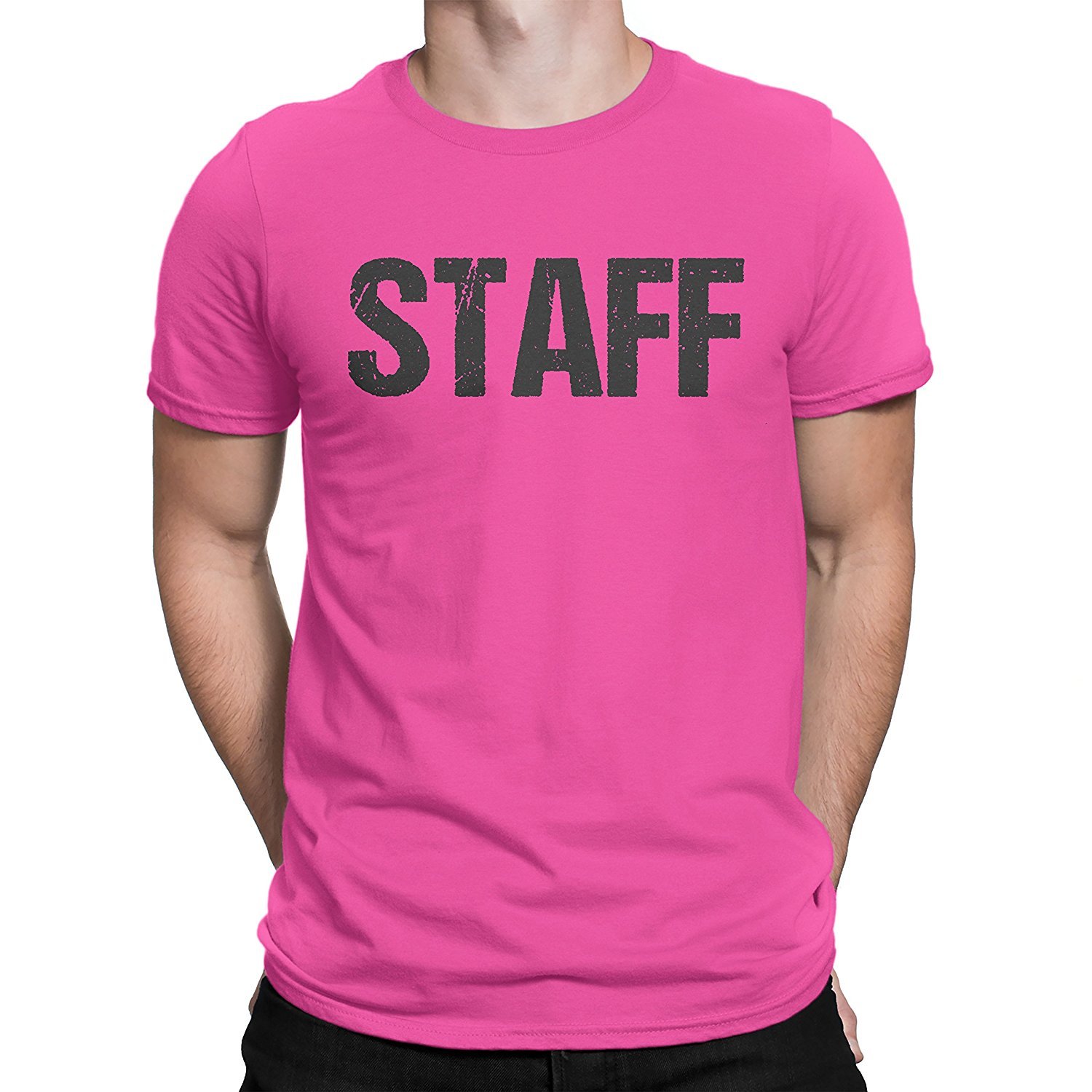 Staff Men's T-Shirt Front & Back Print (Distressed Design, Neon Pink & Black)