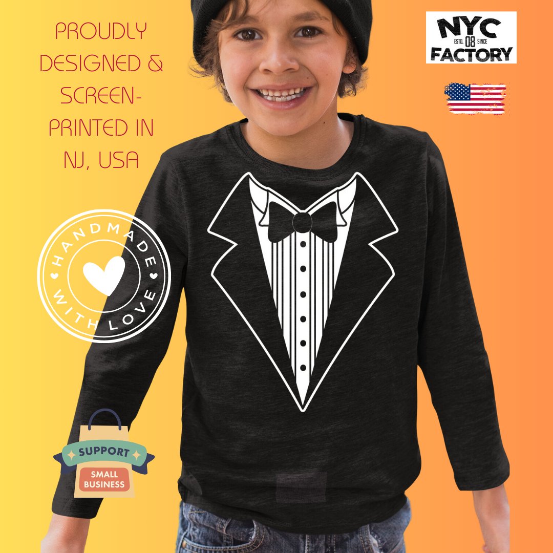 Kids Funny Tuxedo Long Sleeve T-Shirt Youth Black Bowtie & Rose