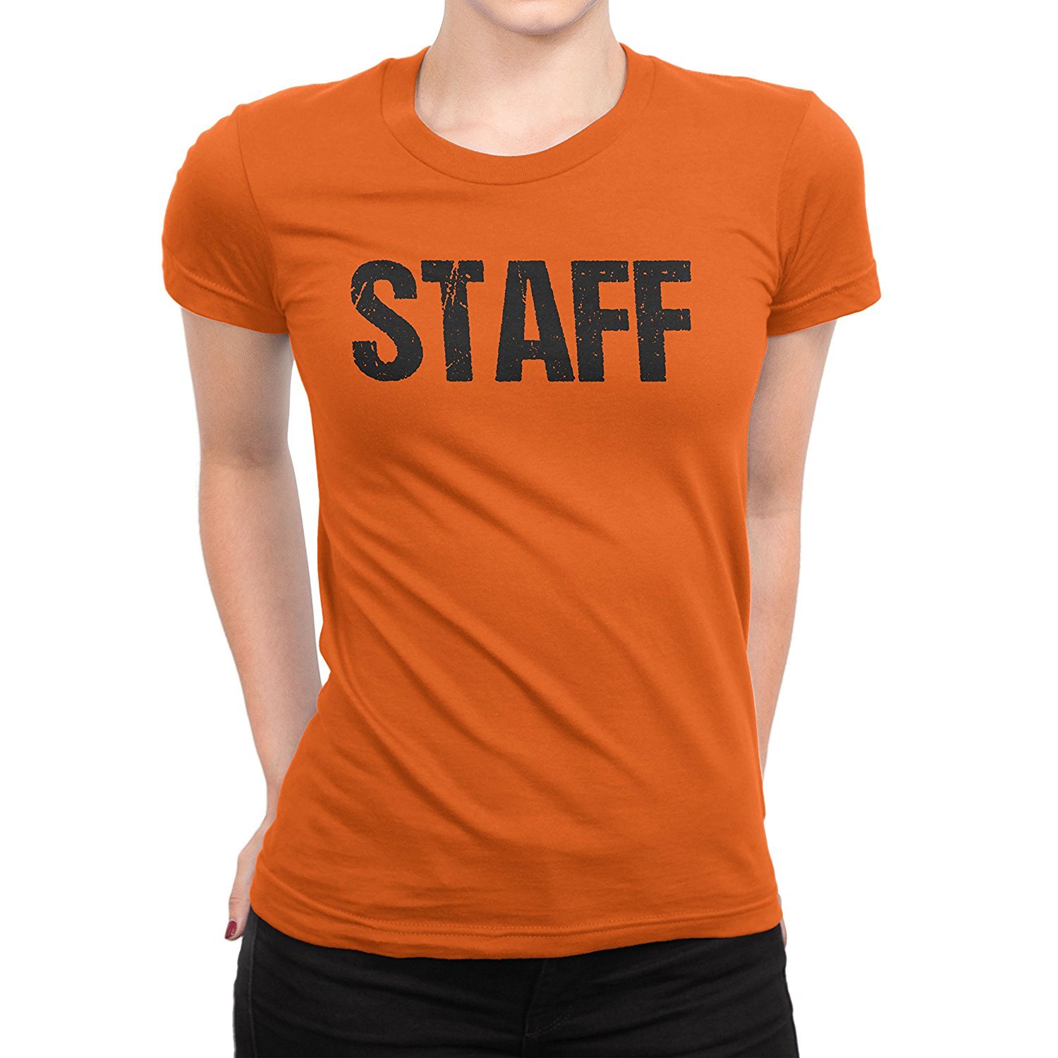 NYC Factory Ladies Neon Orange Staff T-Shirt Front & Back Print Event Shirt Womens Halloween Tee