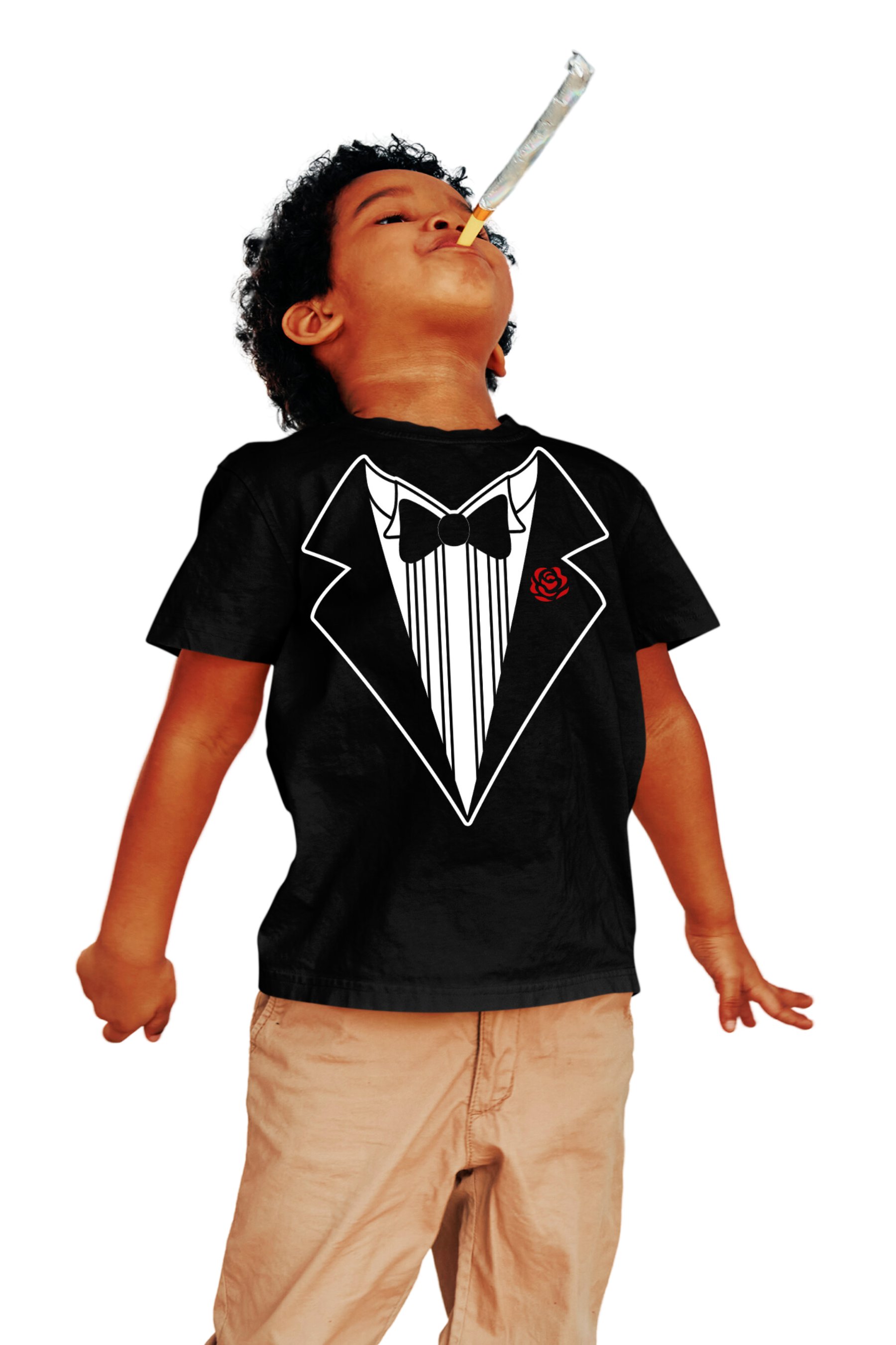 Kids Funny Tuxedo T-Shirt Black Bowtie & Rose