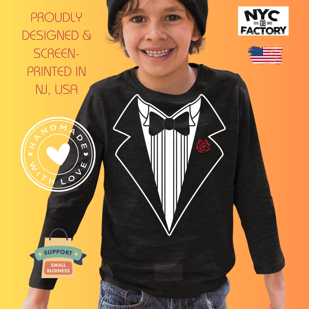 Kids Funny Tuxedo Long Sleeve T-Shirt Youth Black Bowtie & Rose