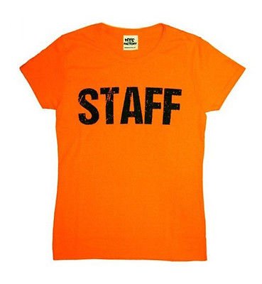 Ladies Neon Orange Staff T-Shirt Front & Back Print Event Shirt Halloween Tee