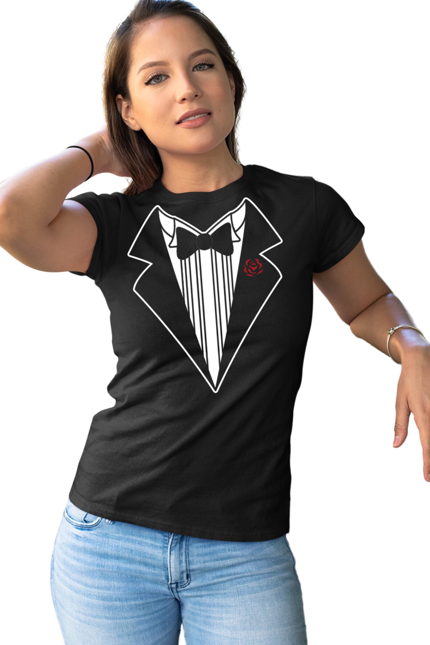 Ladies Funny Tuxedo T-Shirt Black Bowtie & Rose