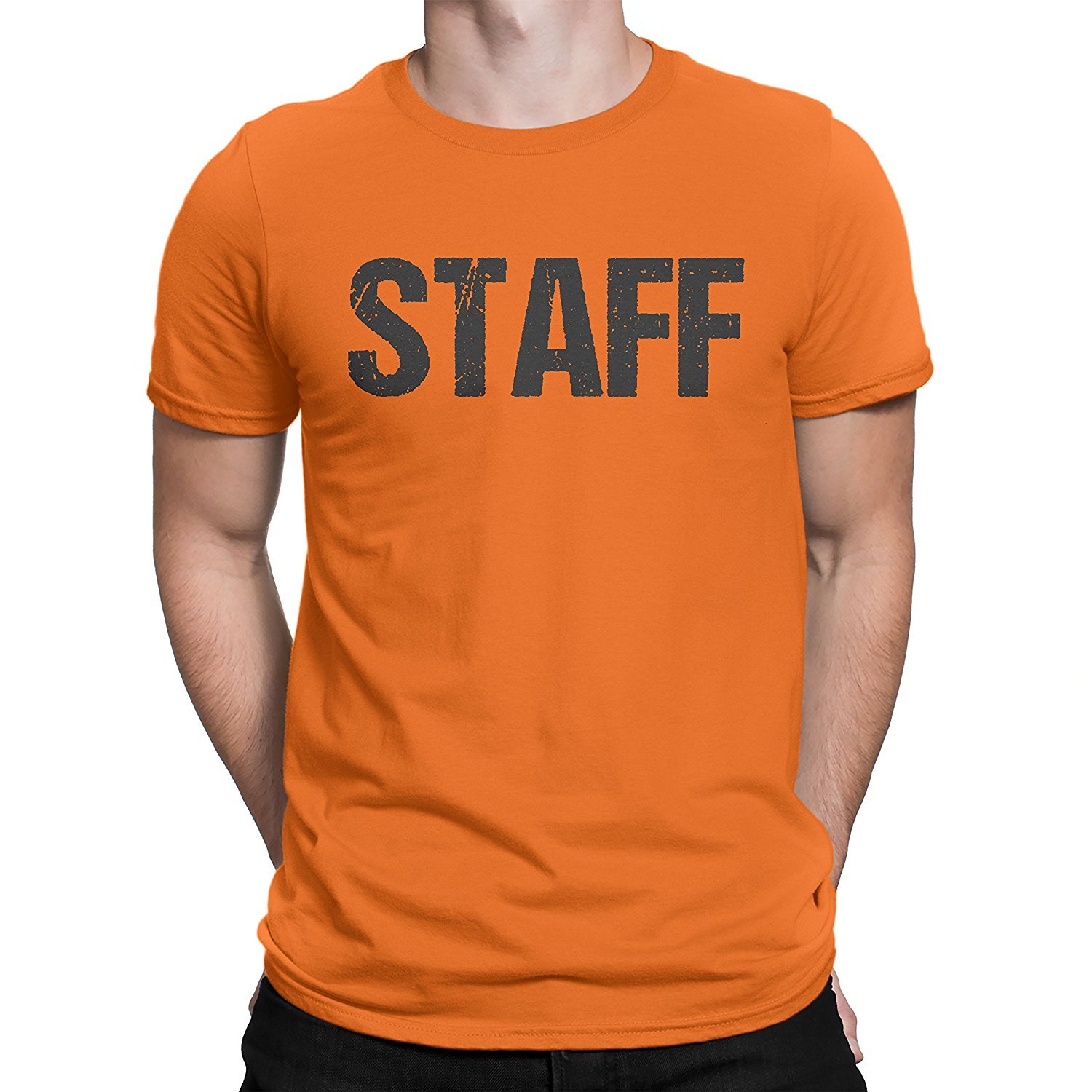 NYC Factory Neon Orange Mens Staff T-Shirt Front & Back Print Event T Shirt Tee