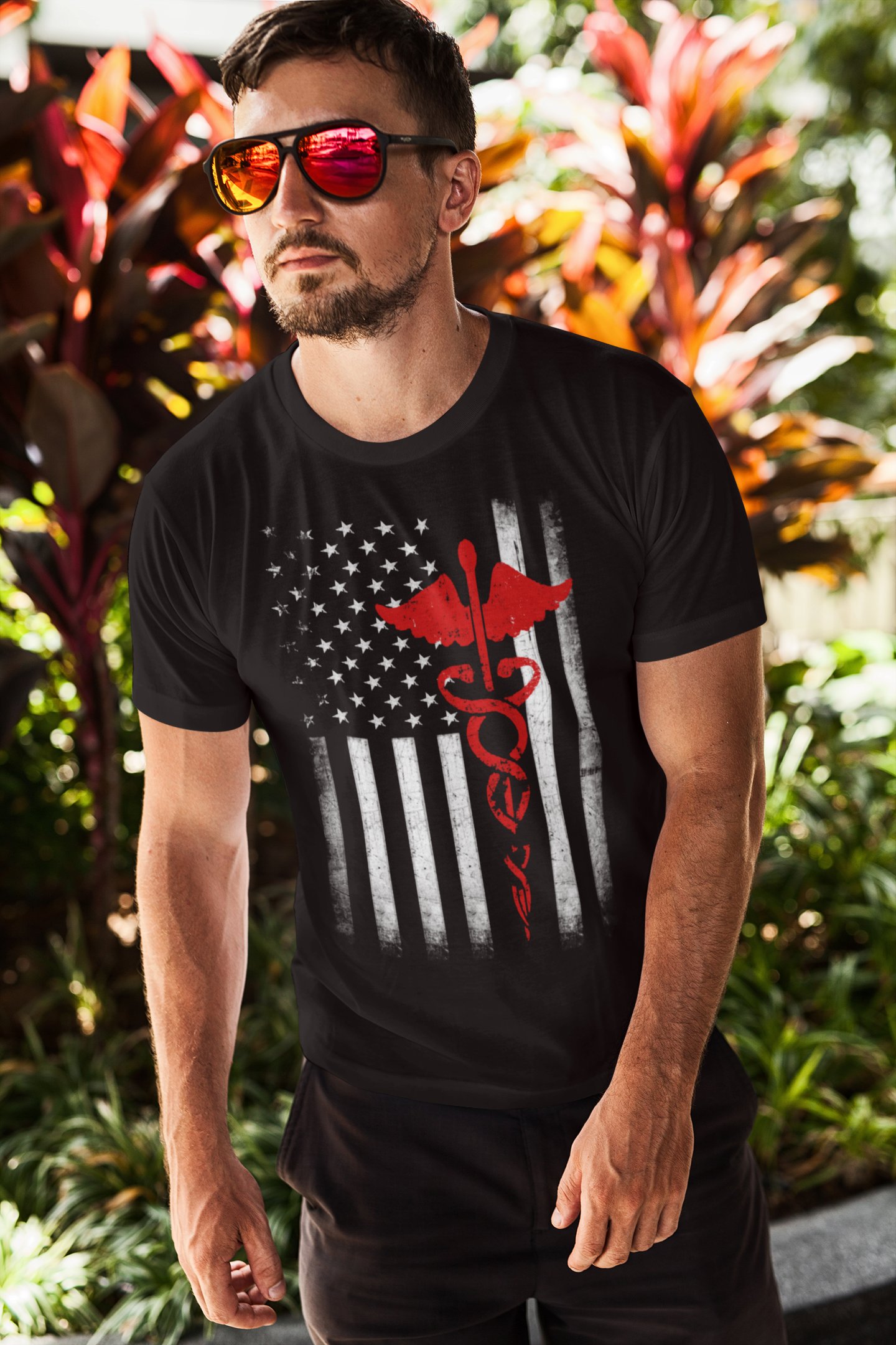 Men's USA Flag Red Premium Ringspun Tee EMT Nurses Lives Matter