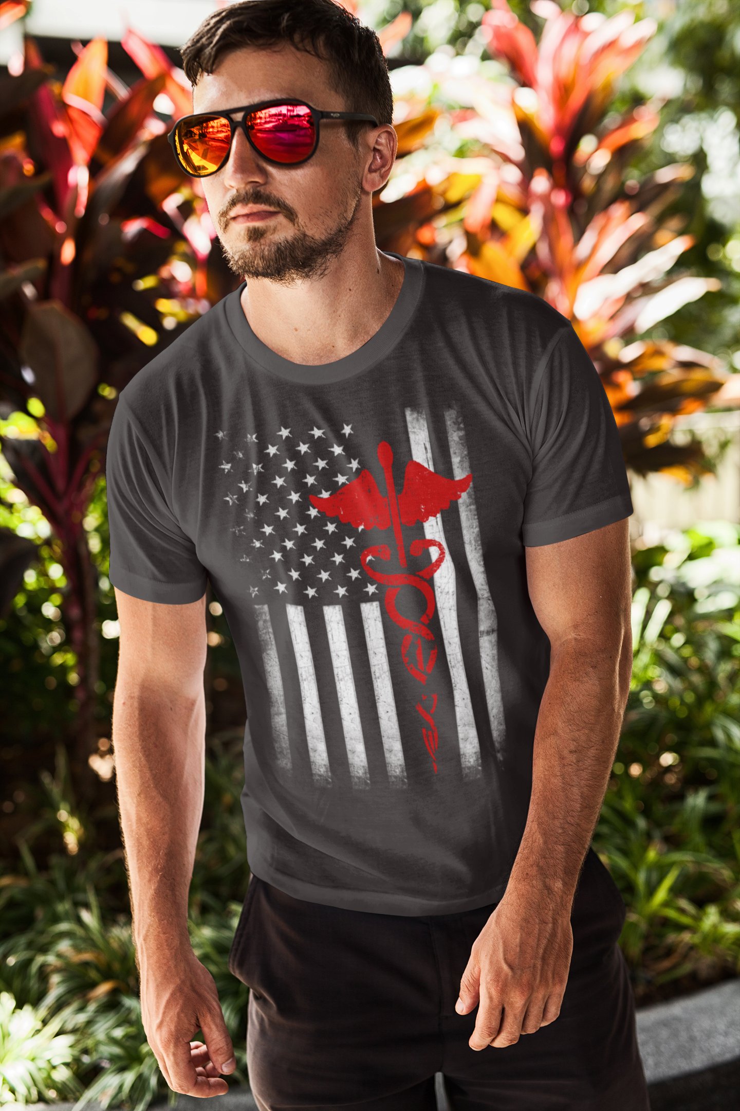 Men's USA Flag Red Premium Ringspun Tee EMT Nurses Lives Matter