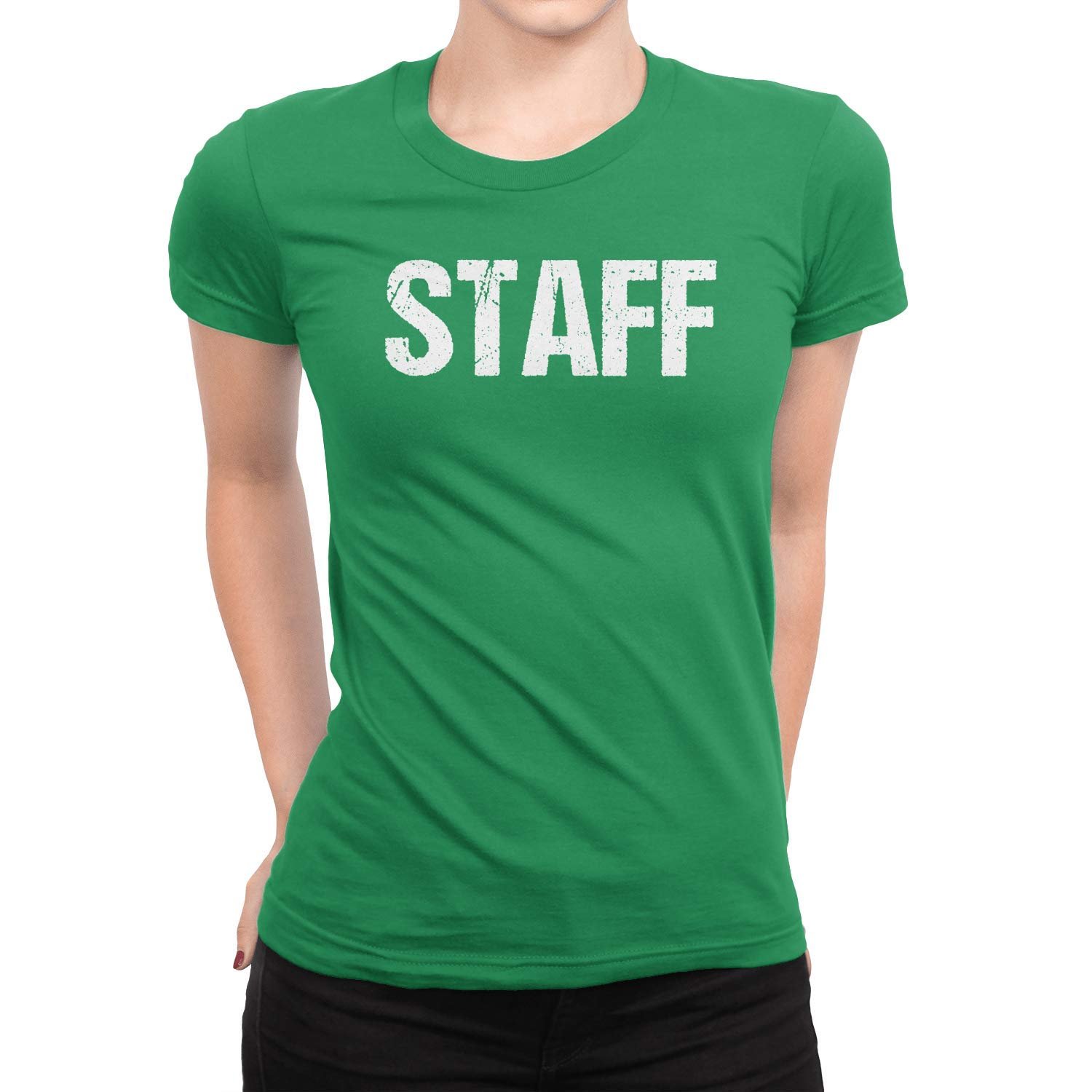Camiseta Staff Damas Verde Irlandesa Camiseta Estampado Delantero y Trasero Evento Trabajo Camiseta - Imagen 3 de 7