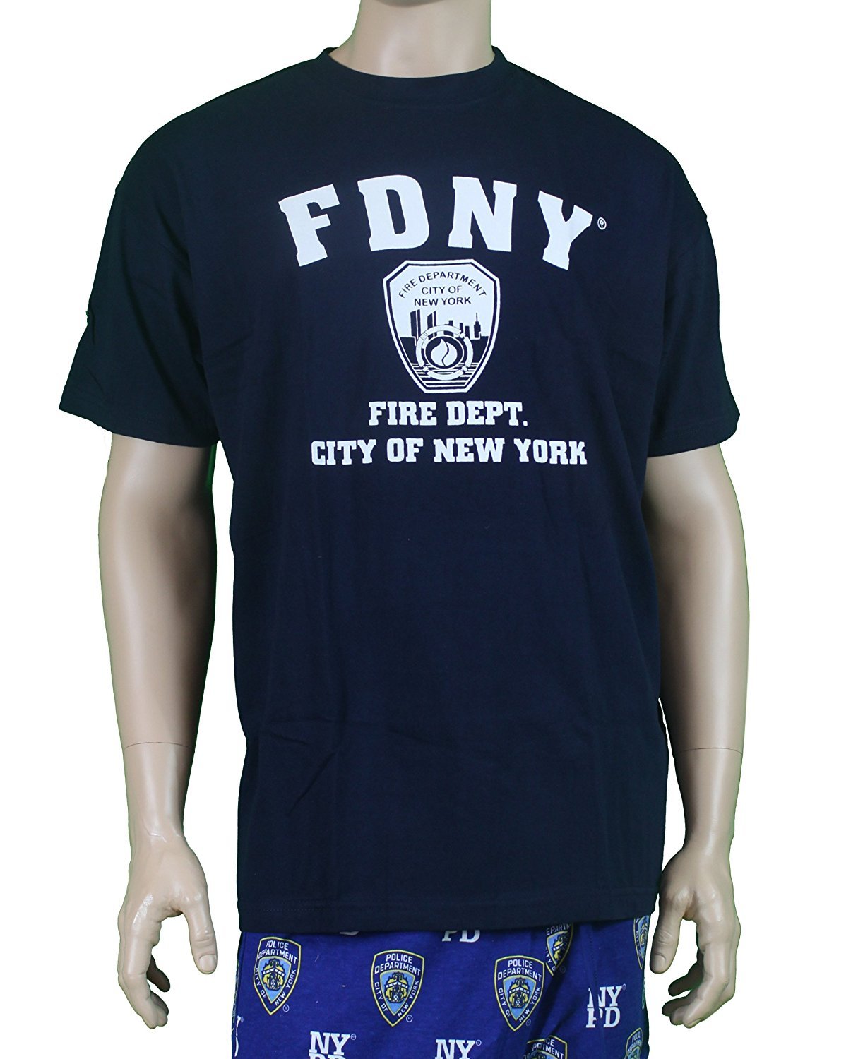 FDNY Short Sleeve White Fire Dept Logo and Shield T-Shirt Navy