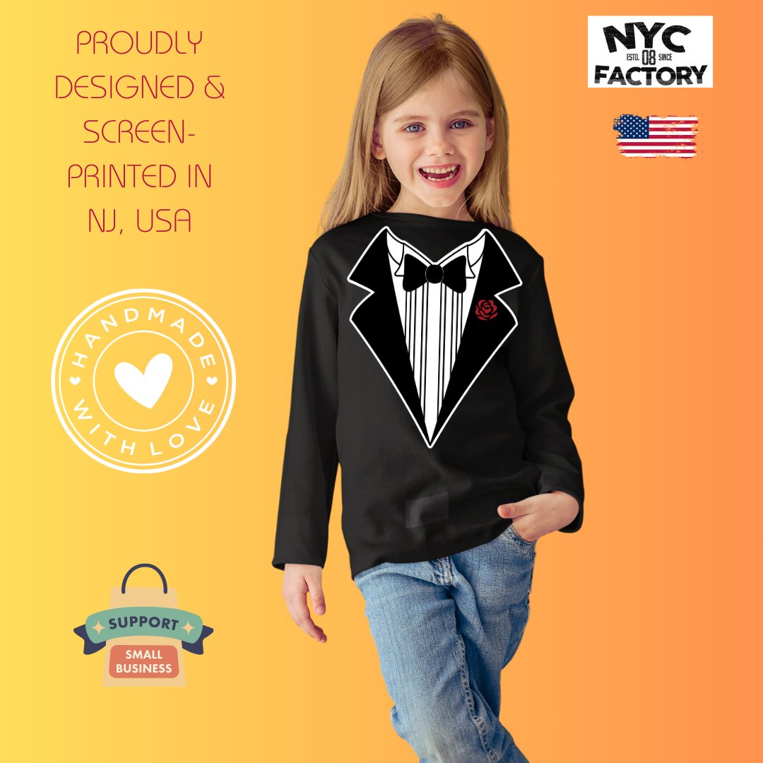 Kids Funny Tuxedo Long Sleeve T-Shirt Youth Black Bowtie & Rose