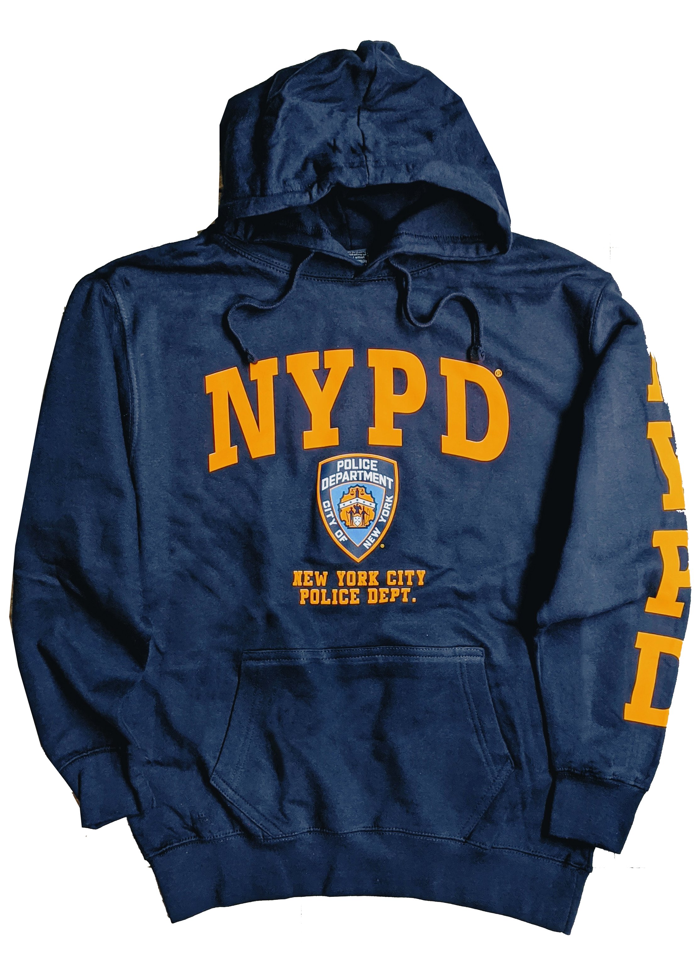 NYPD Men's Hoodie Sweatshirt Officially Licensed (Front & Sleeve Print, Navy & Gold)