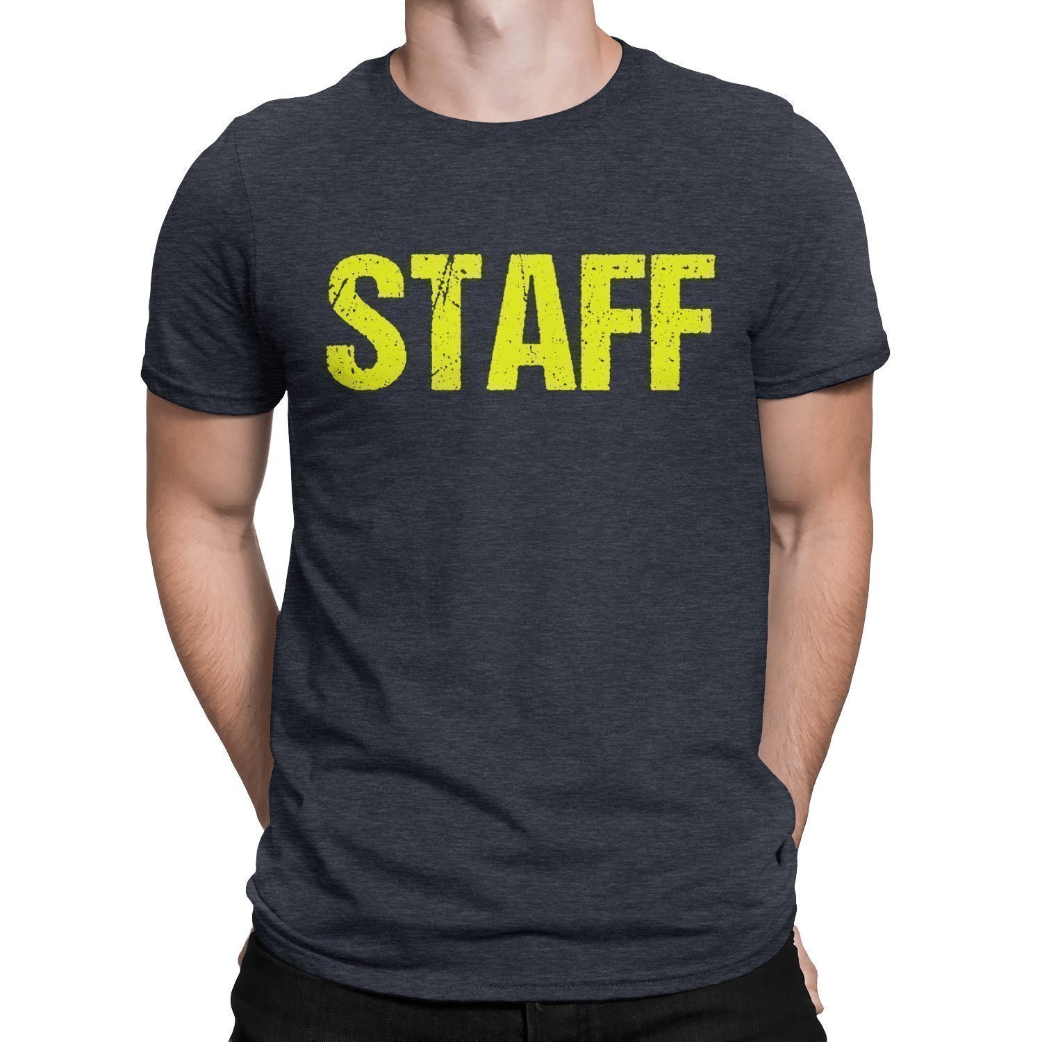 Men's Staff T-Shirt Gray Event Uniform Front Back Print Crew Tee