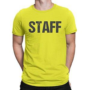 NYC Factory Bright Yellow Staff T-Shirt Front & Back Print Mens Event Shirt Tee