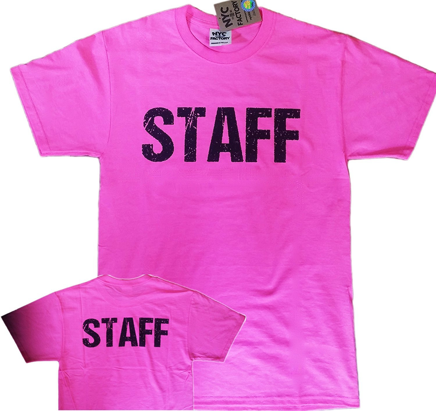 Staff Men's T-Shirt Front & Back Print (Distressed Design, Neon Pink & Black)