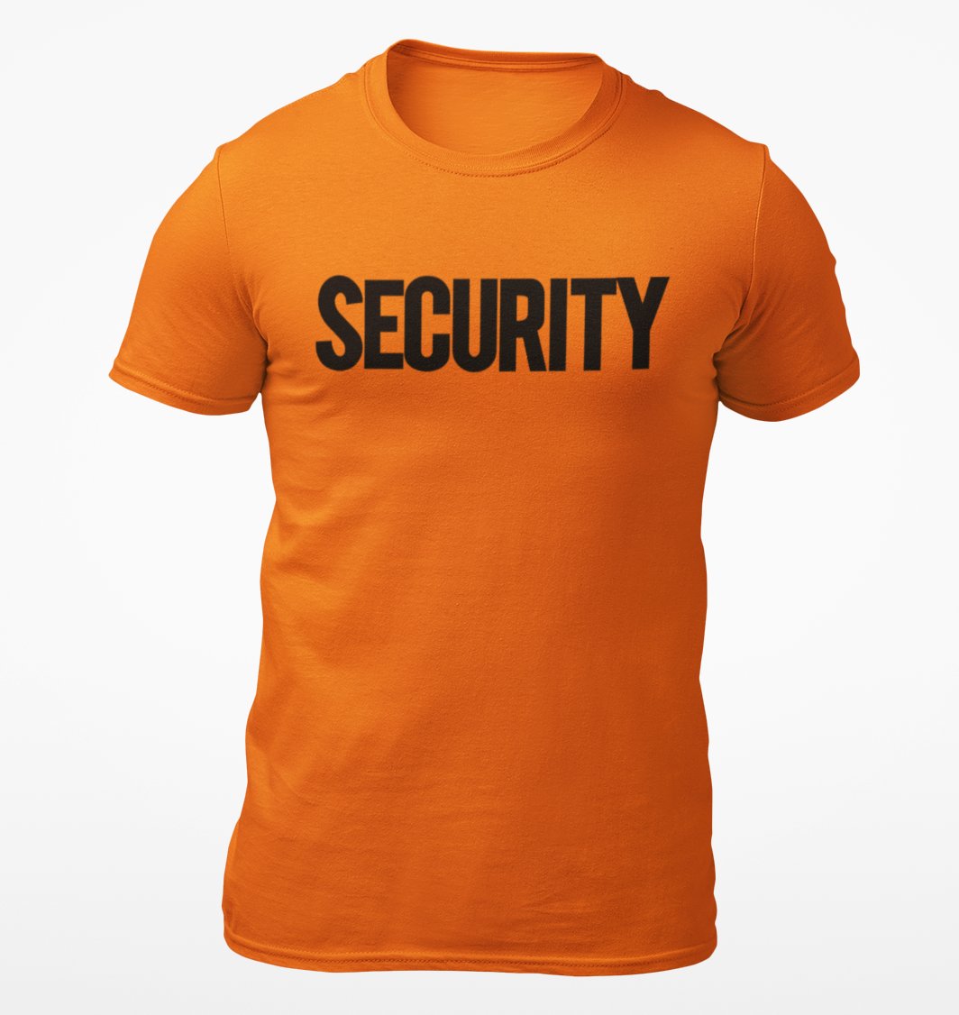 Orange & Black Security T-Shirt Front Back Print Men's Tee Staff Event