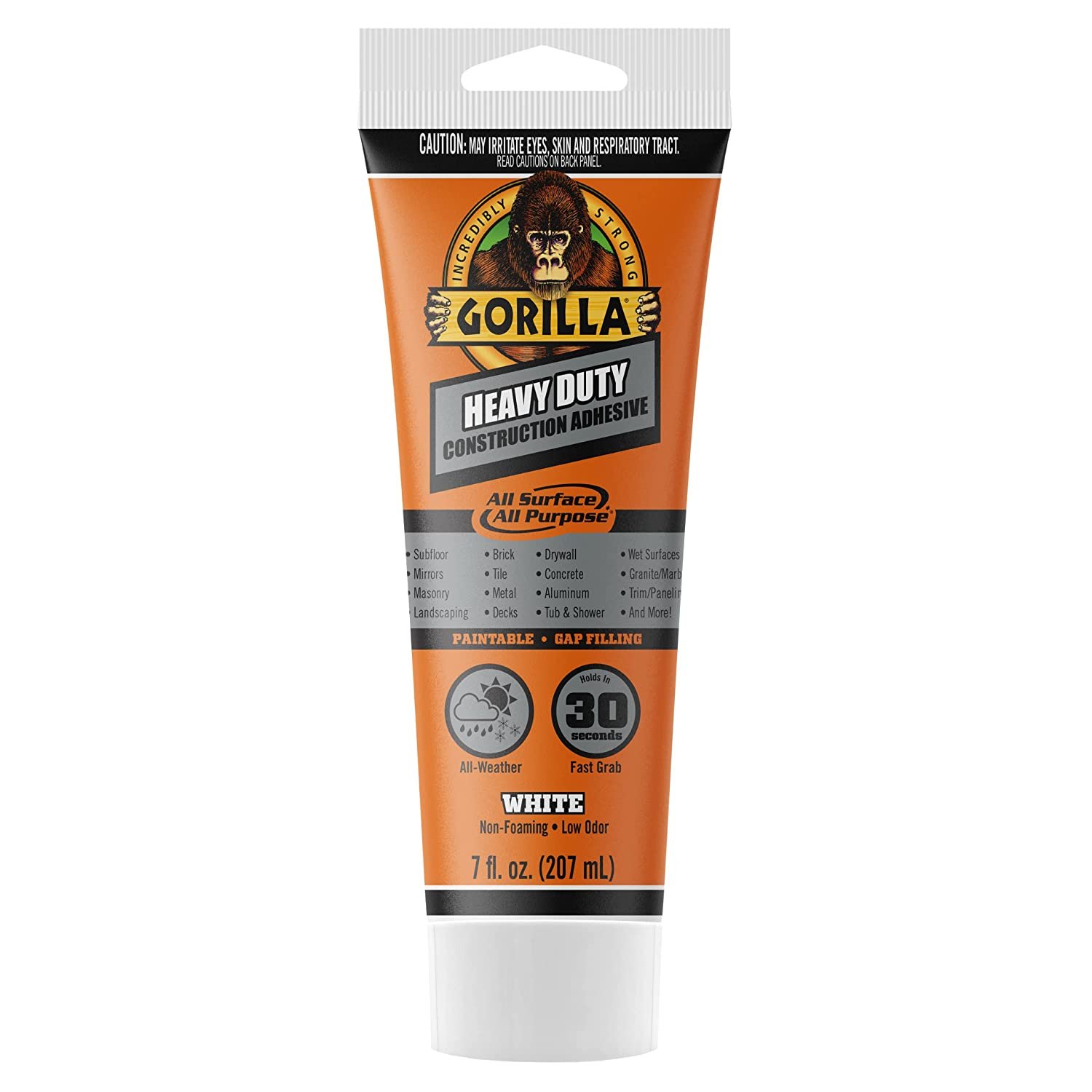 Gorilla Heavy Duty Construction Adhesive, 7 Ounce Squeeze Tube, White, (Pack…